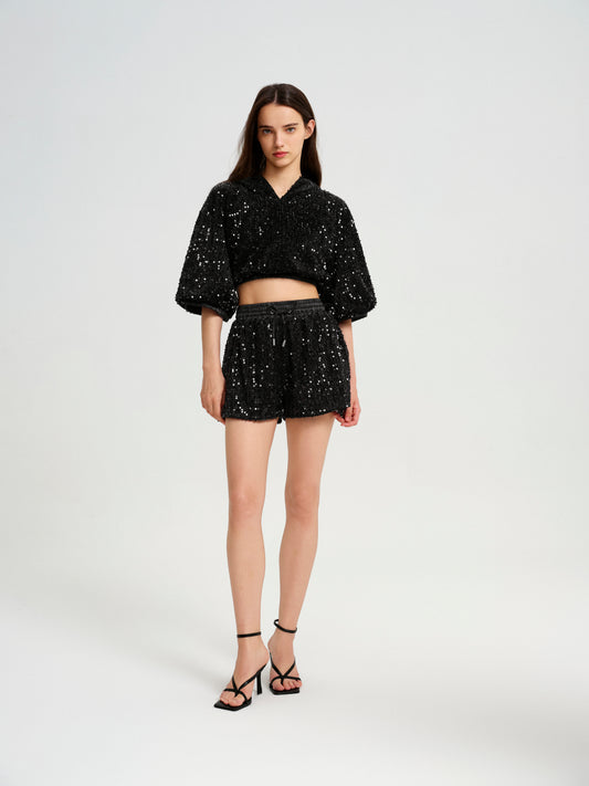 BlisSecret Black Cropped Drawstring Contrast Collar Top & Bottom