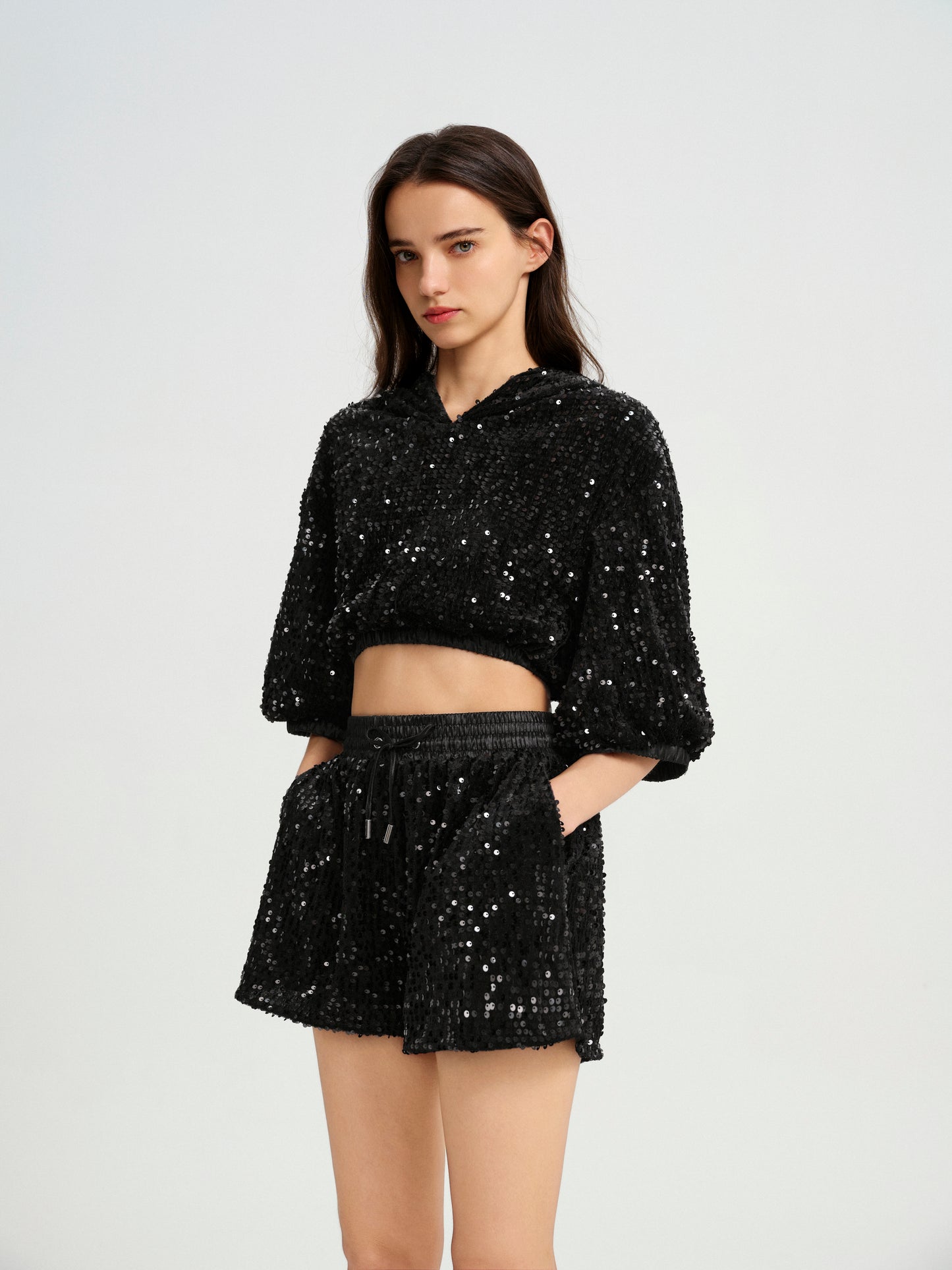 BlisSecret Black Cropped Drawstring Contrast Collar Top & Bottom