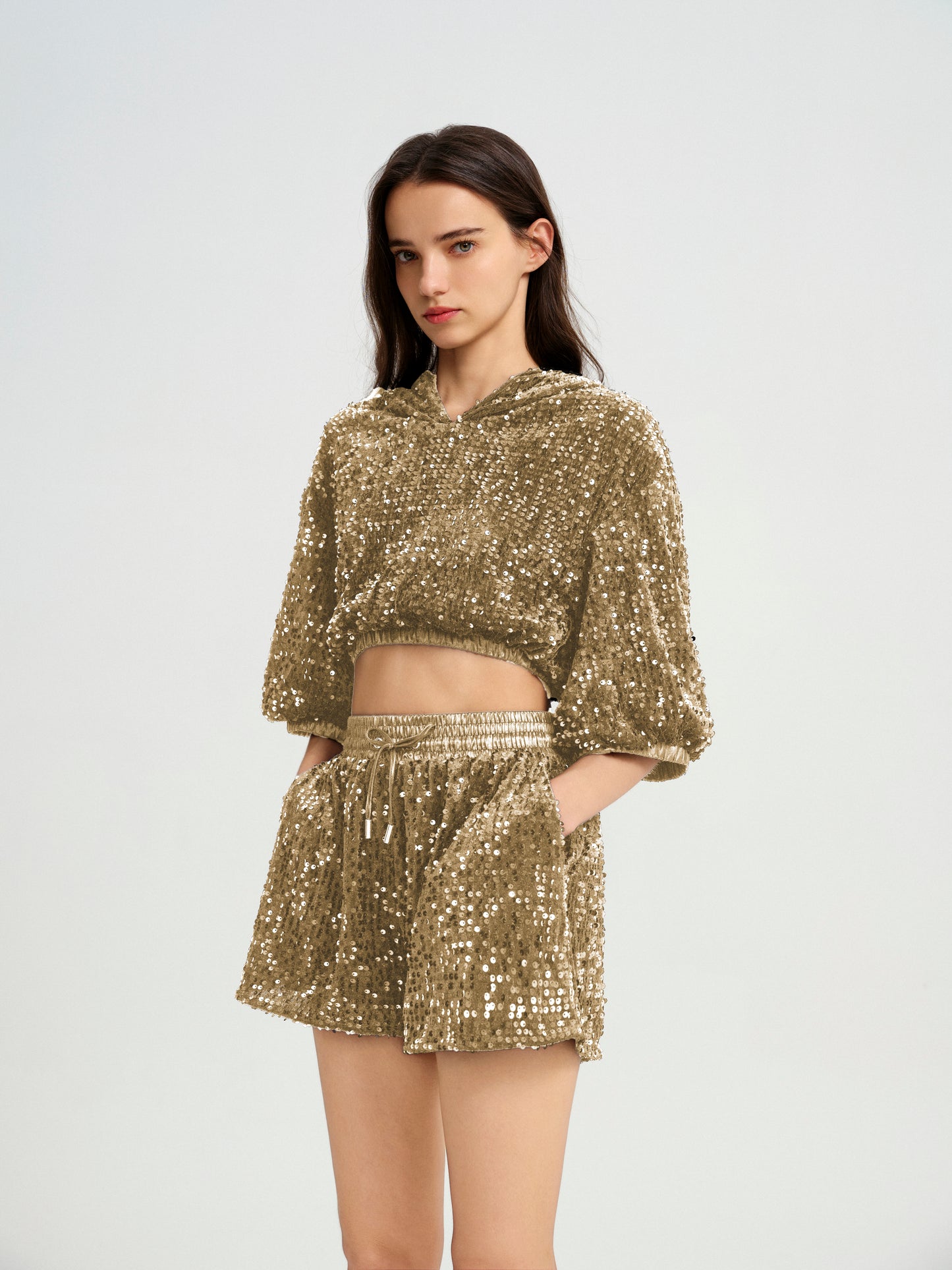 BlisSecret Gold Cropped Drawstring Contrast Collar Top & Bottom