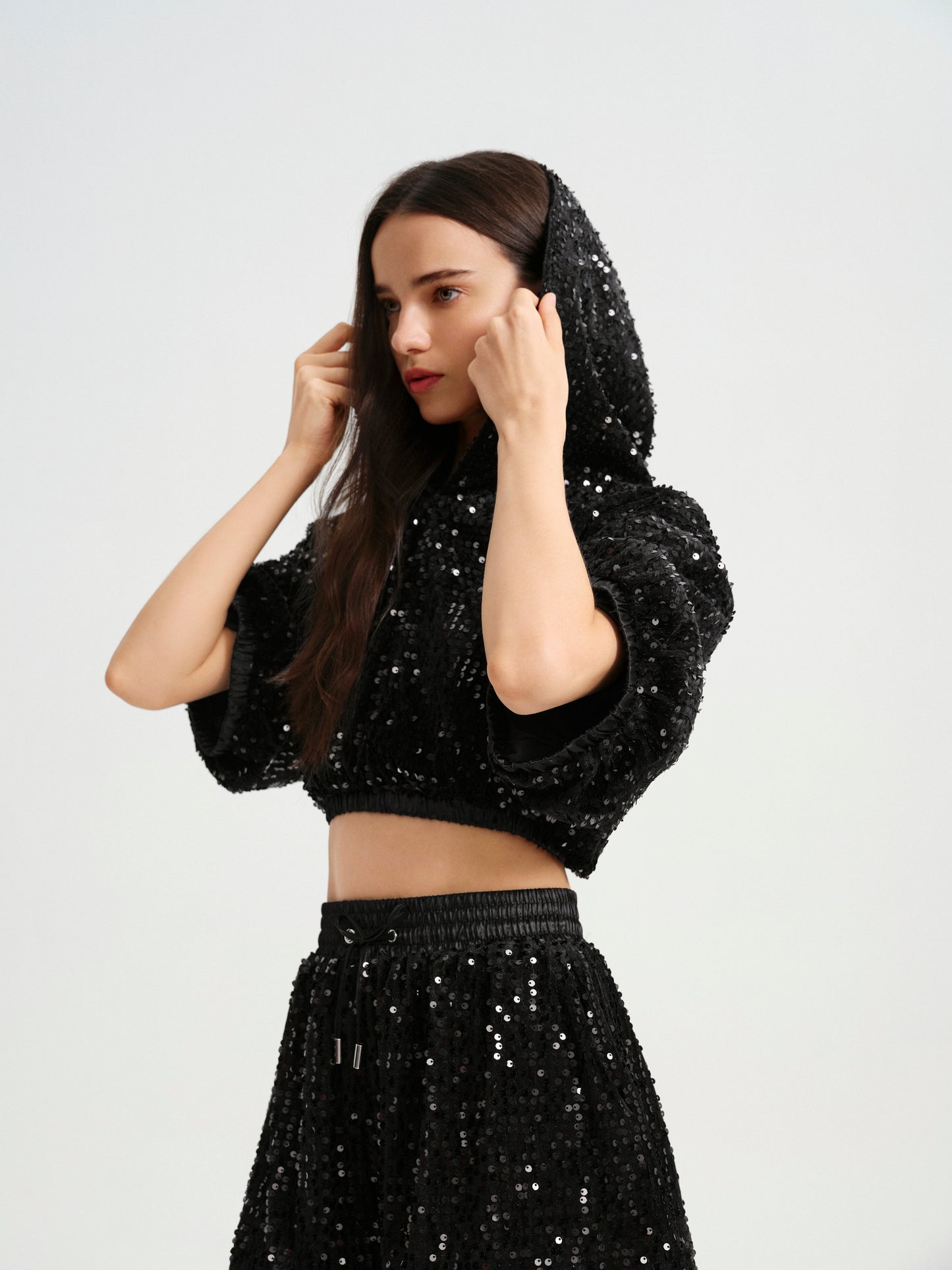 BlisSecret Black Cropped Drawstring Contrast Collar Top & Bottom