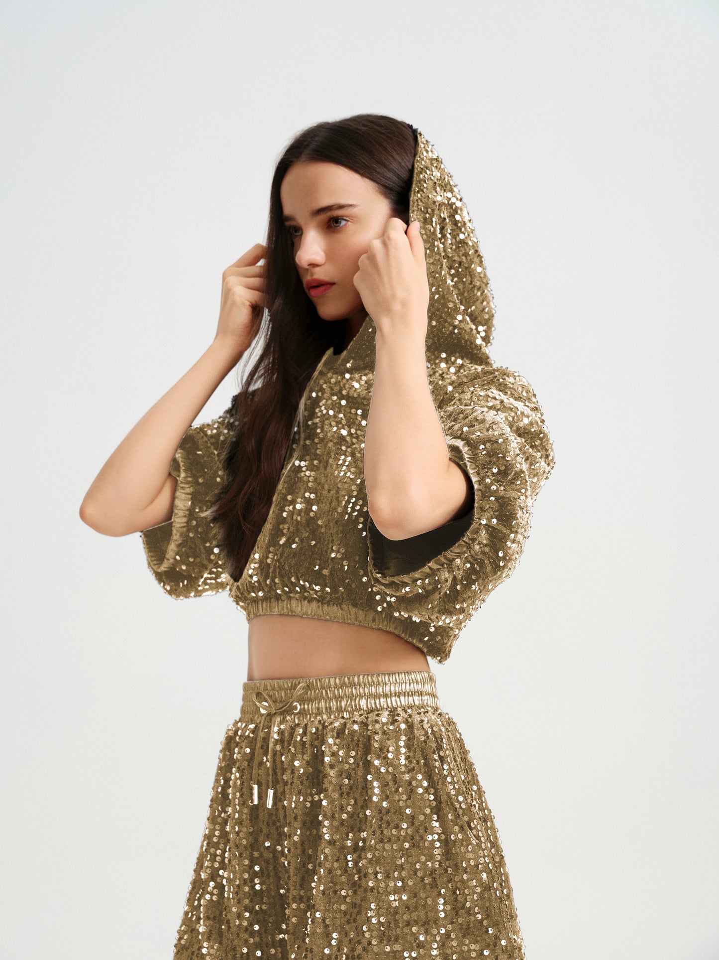 BlisSecret Gold Cropped Drawstring Contrast Collar Top & Bottom