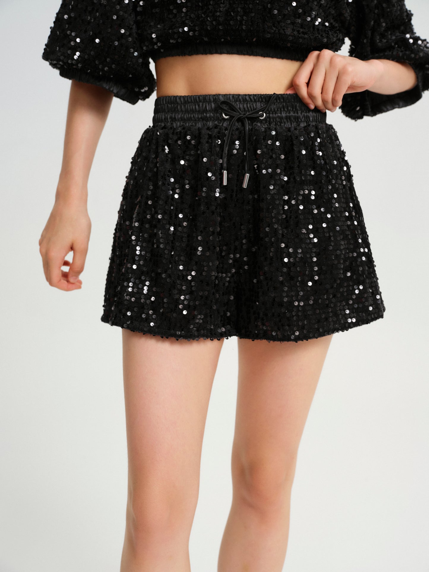 BlisSecret Black Cropped Drawstring Contrast Collar Top & Bottom