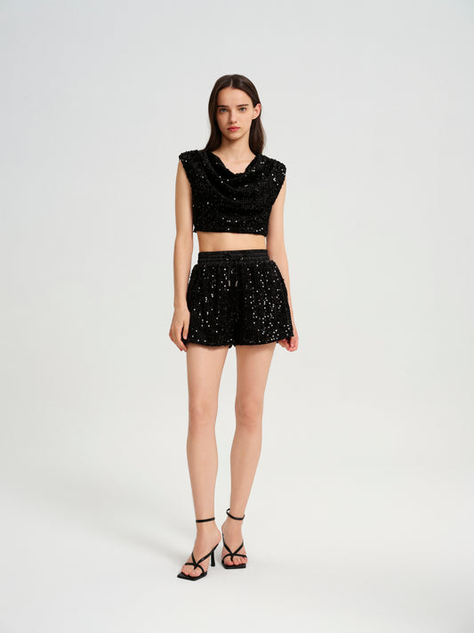 BlisSecret Black Cowl Neck Cropped Top With Pleated Padded Shoulder & Shorts