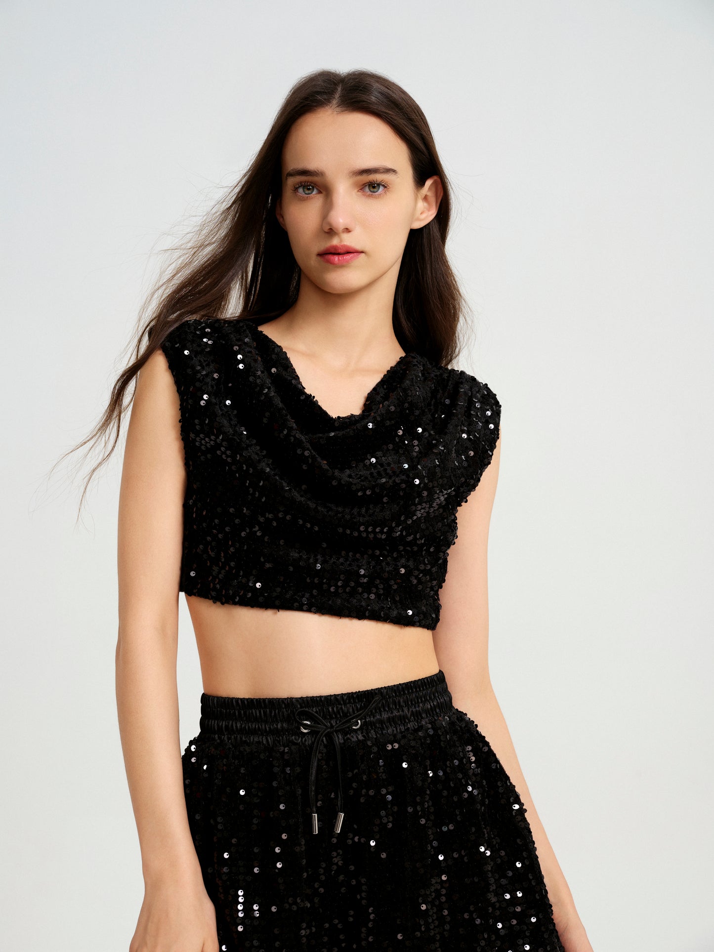 Black Cowl Neck Cropped Top With Pleated Padded Shoulder & Shorts