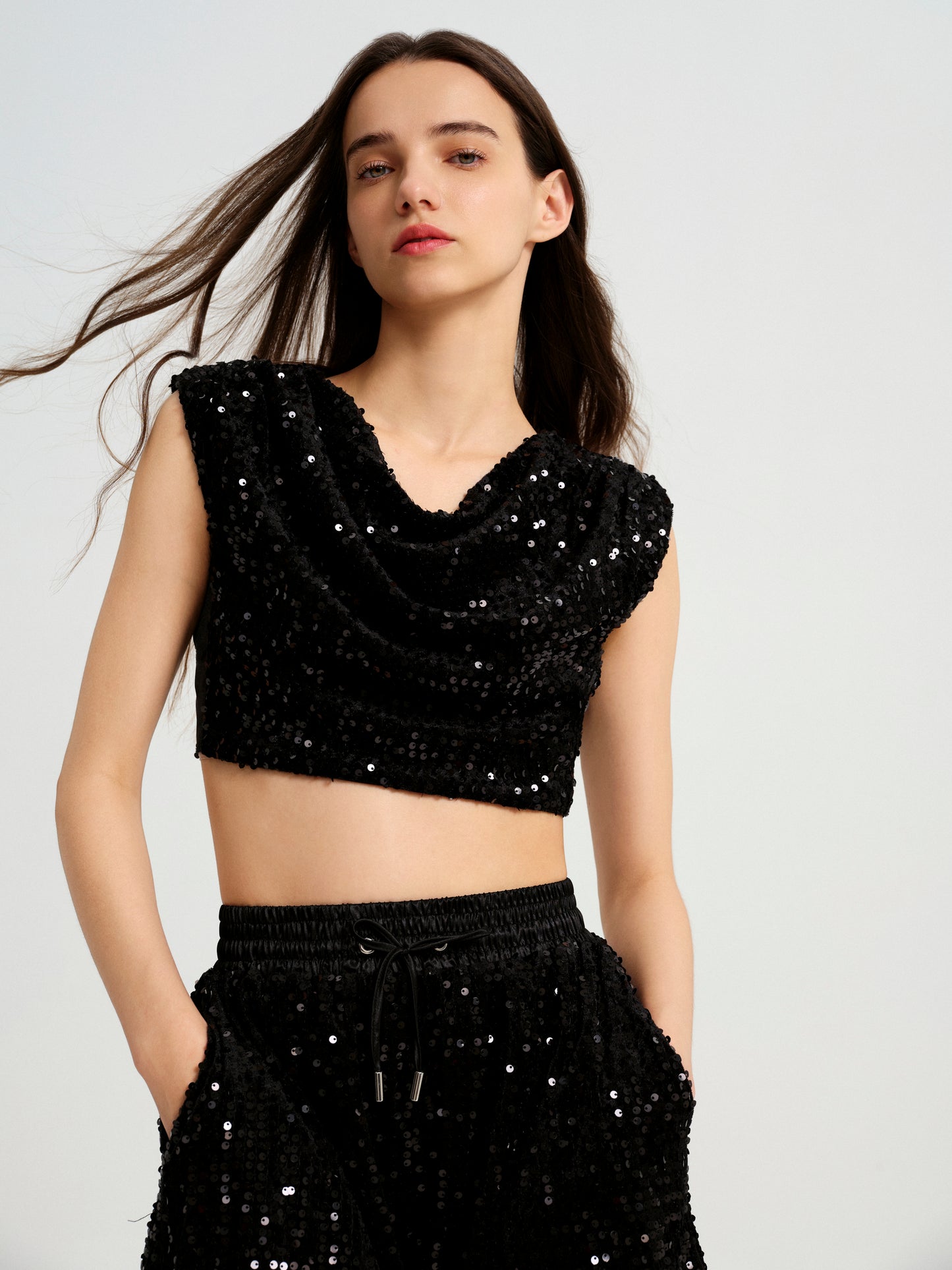 Black Cowl Neck Cropped Top With Pleated Padded Shoulder & Shorts