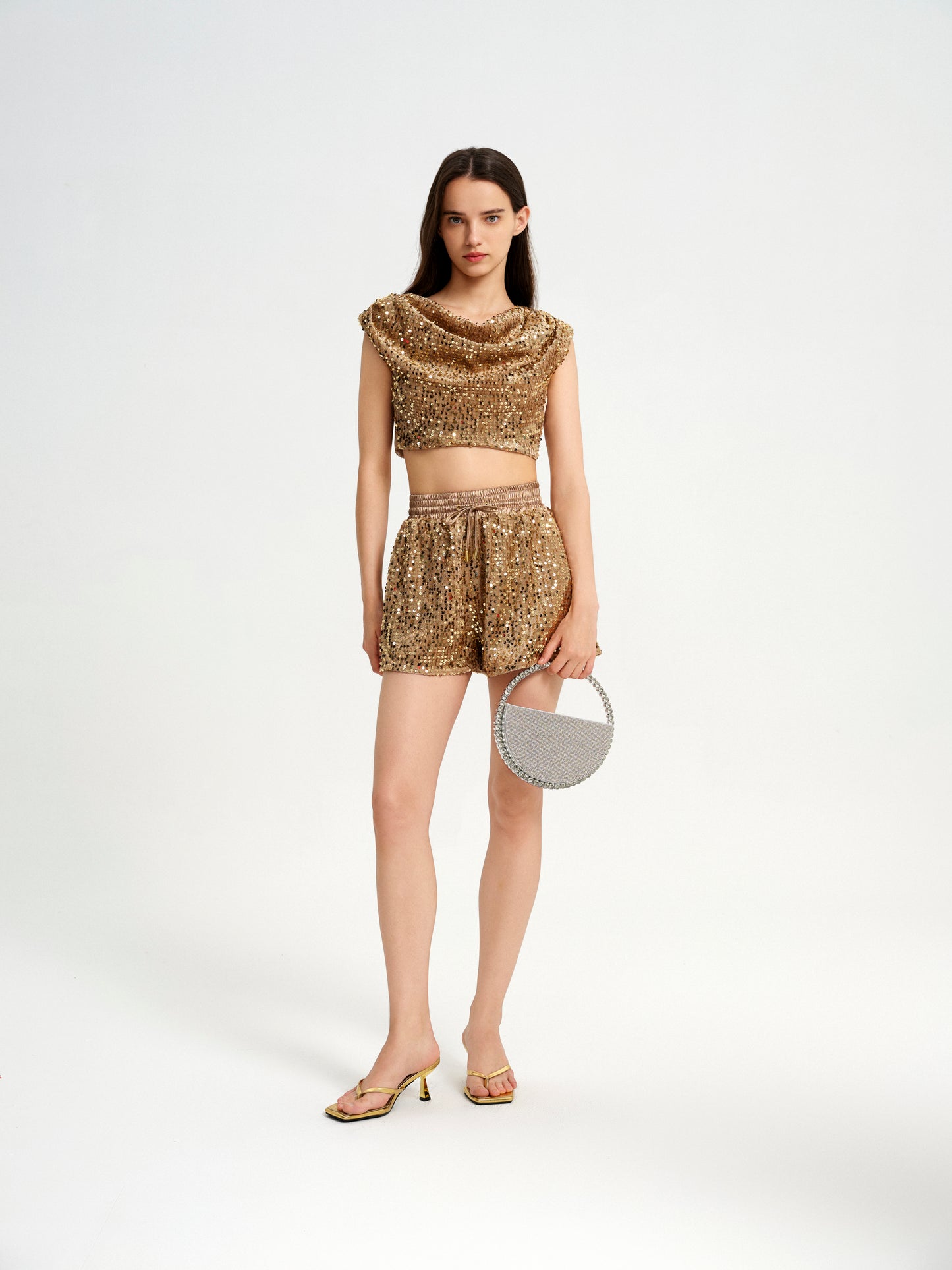 BlisSecret Gold Cowl Neck Cropped Top With Pleated Padded Shoulder & Shorts