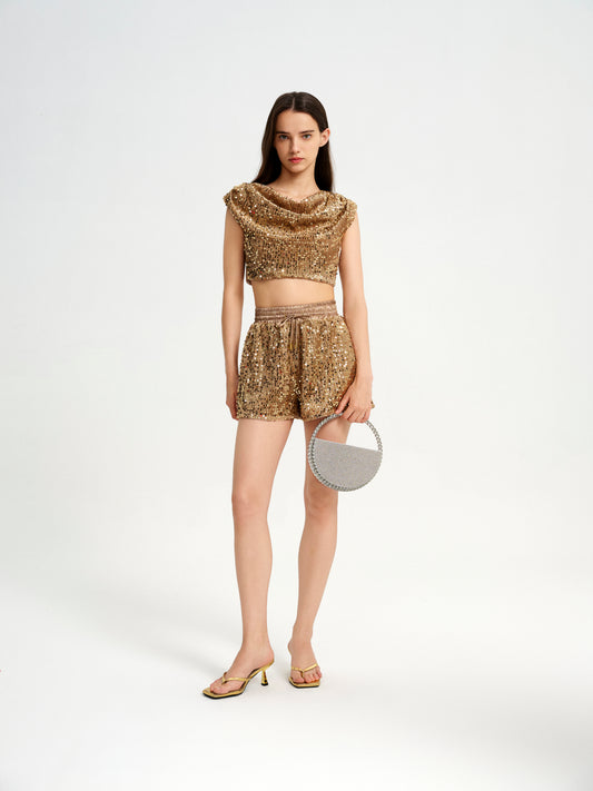 BlisSecret Gold Cowl Neck Cropped Top With Pleated Padded Shoulder & Shorts