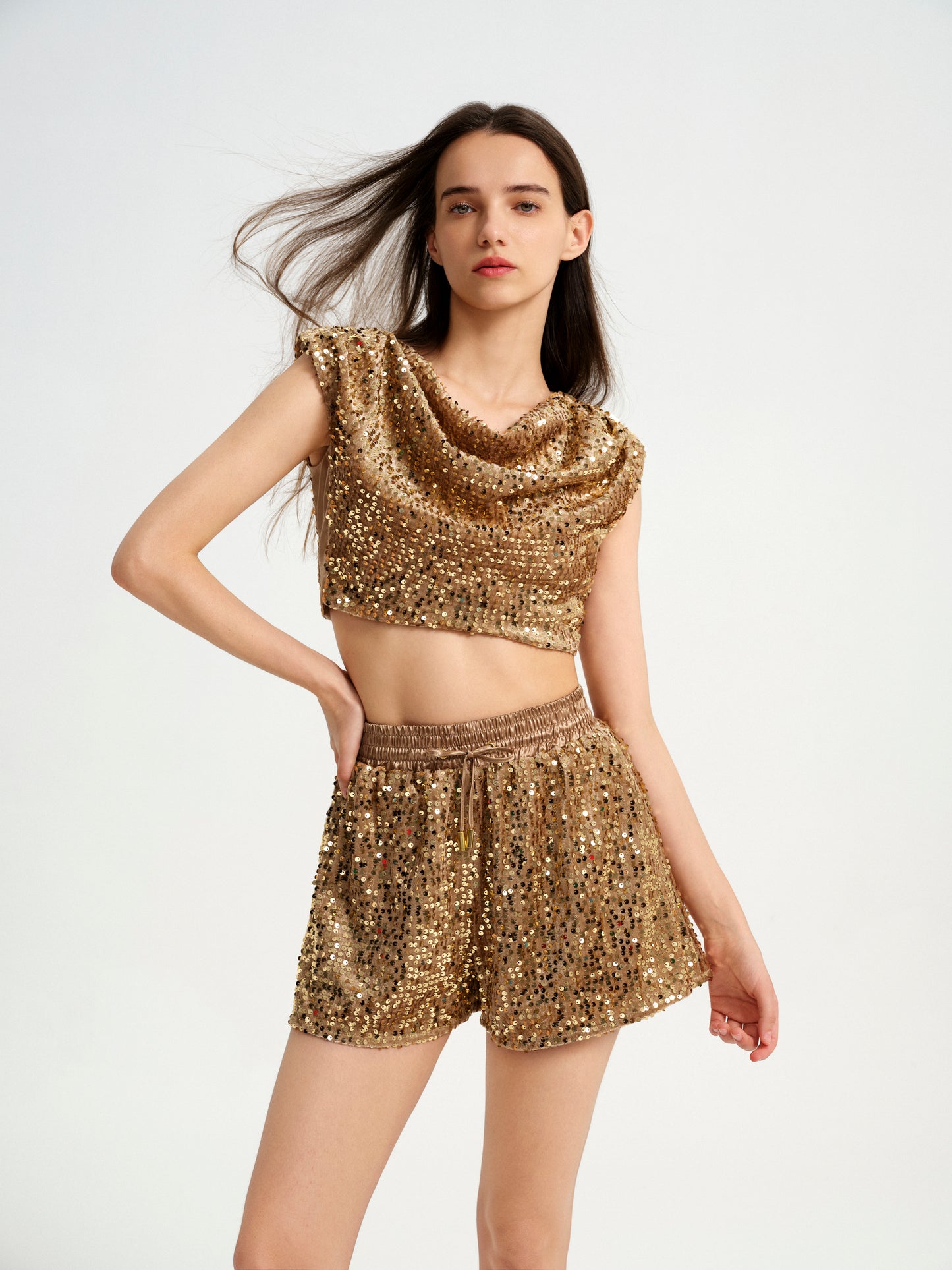 BlisSecret Gold Cowl Neck Cropped Top With Pleated Padded Shoulder & Shorts