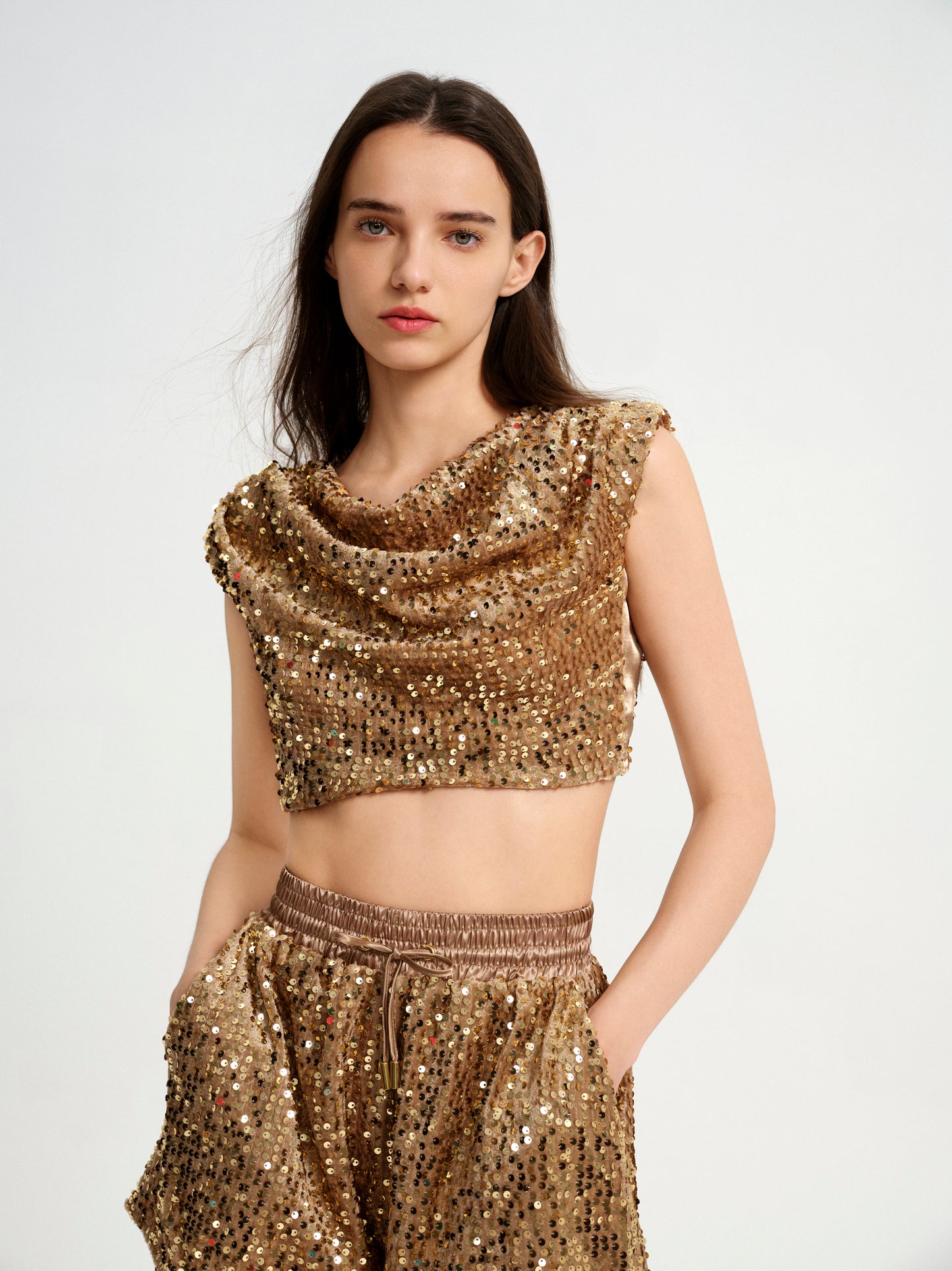BlisSecret Gold Cowl Neck Cropped Top With Pleated Padded Shoulder & Shorts
