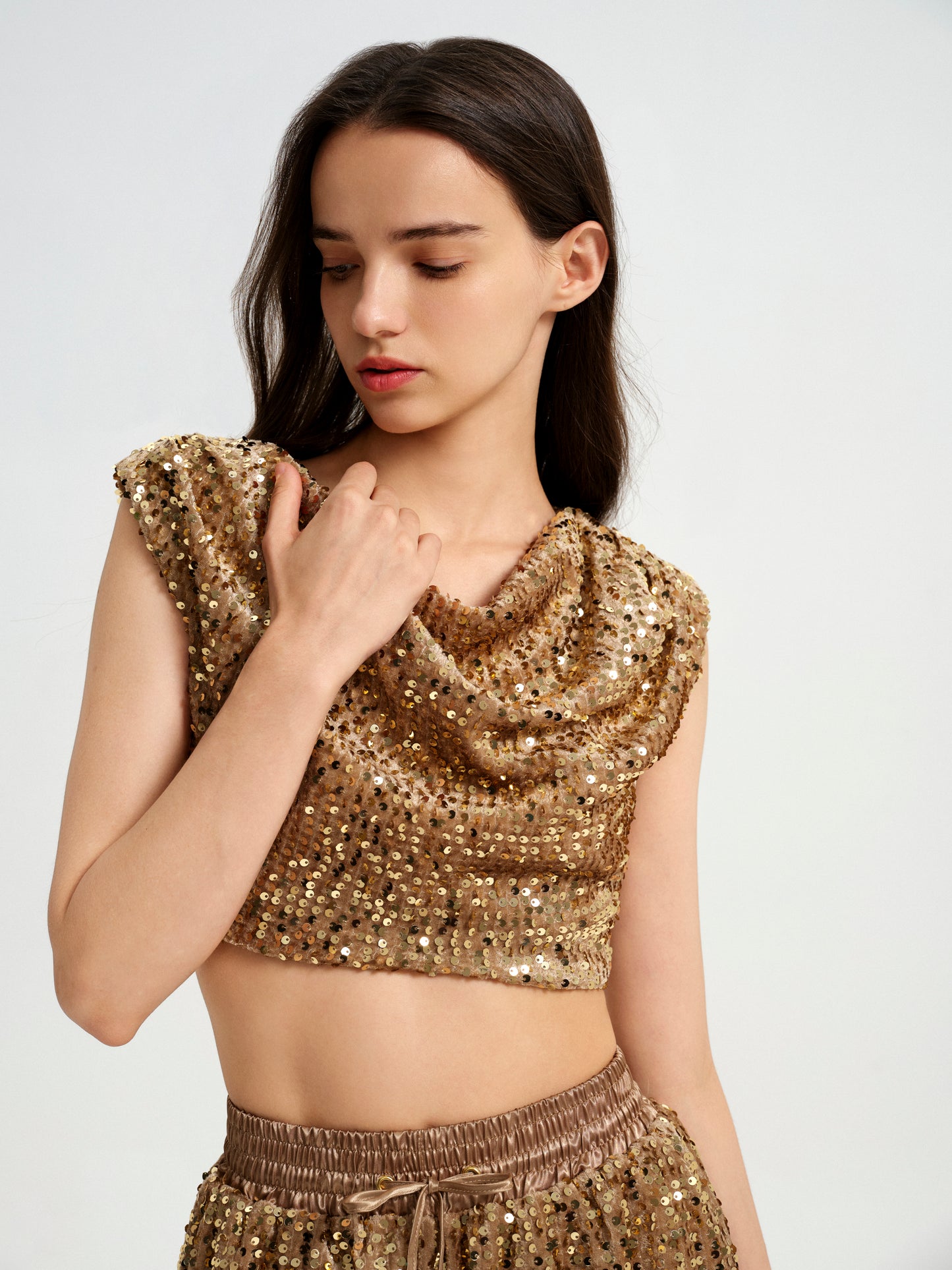 BlisSecret Gold Cowl Neck Cropped Top With Pleated Padded Shoulder & Shorts