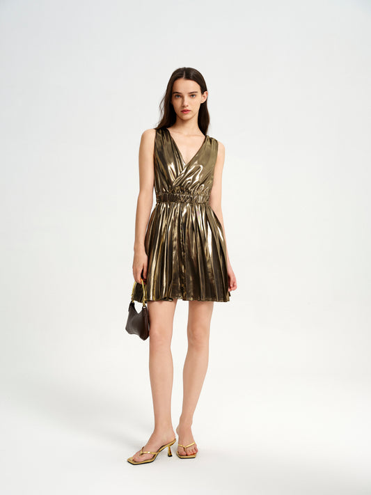 BlisSecret V-Neck Pleated Fit And Flared Mini Dress With Elastic Waistband