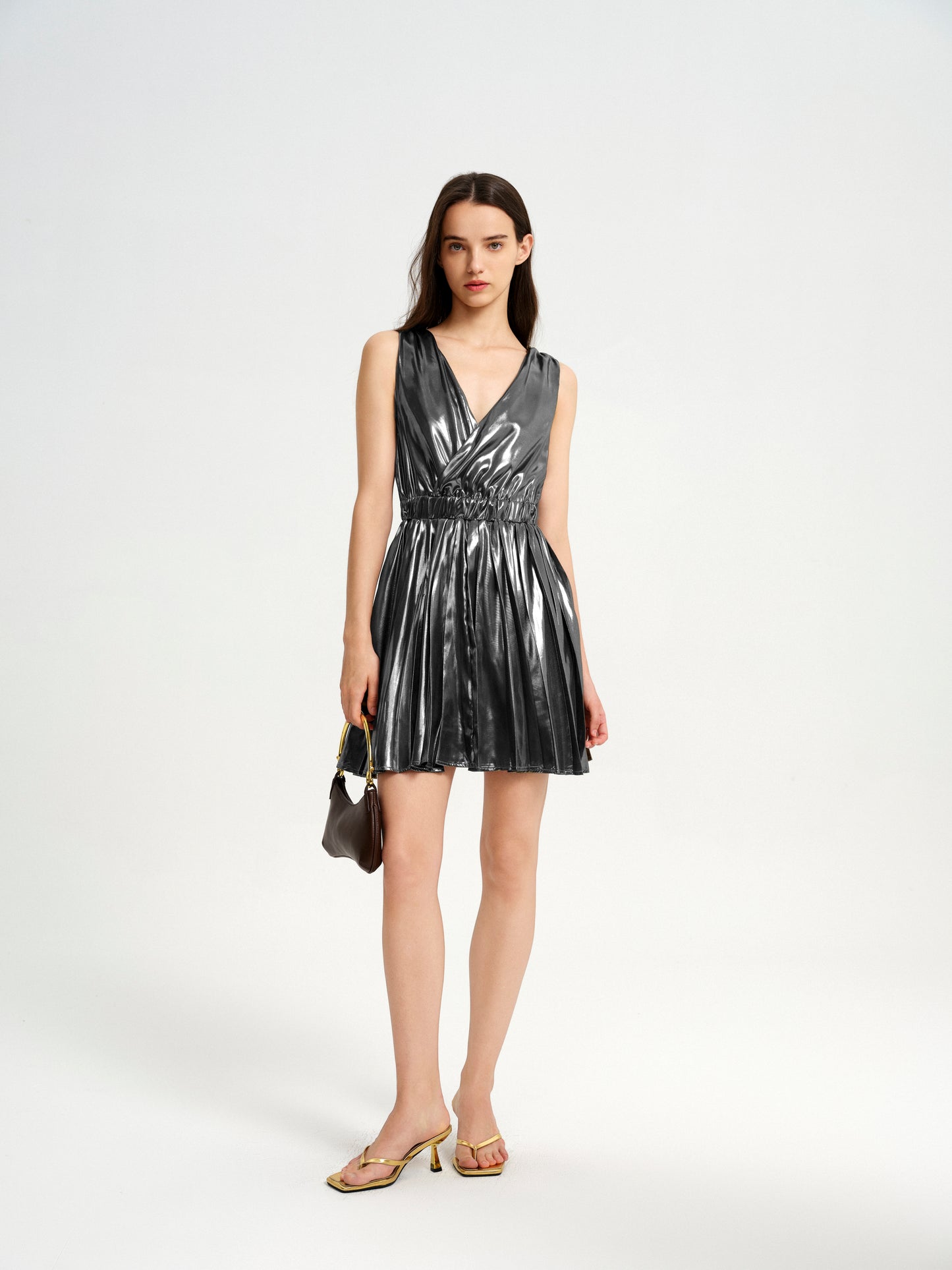 BlisSecret V-Neck Pleated Fit And Flared Mini Dress With Elastic Waistband