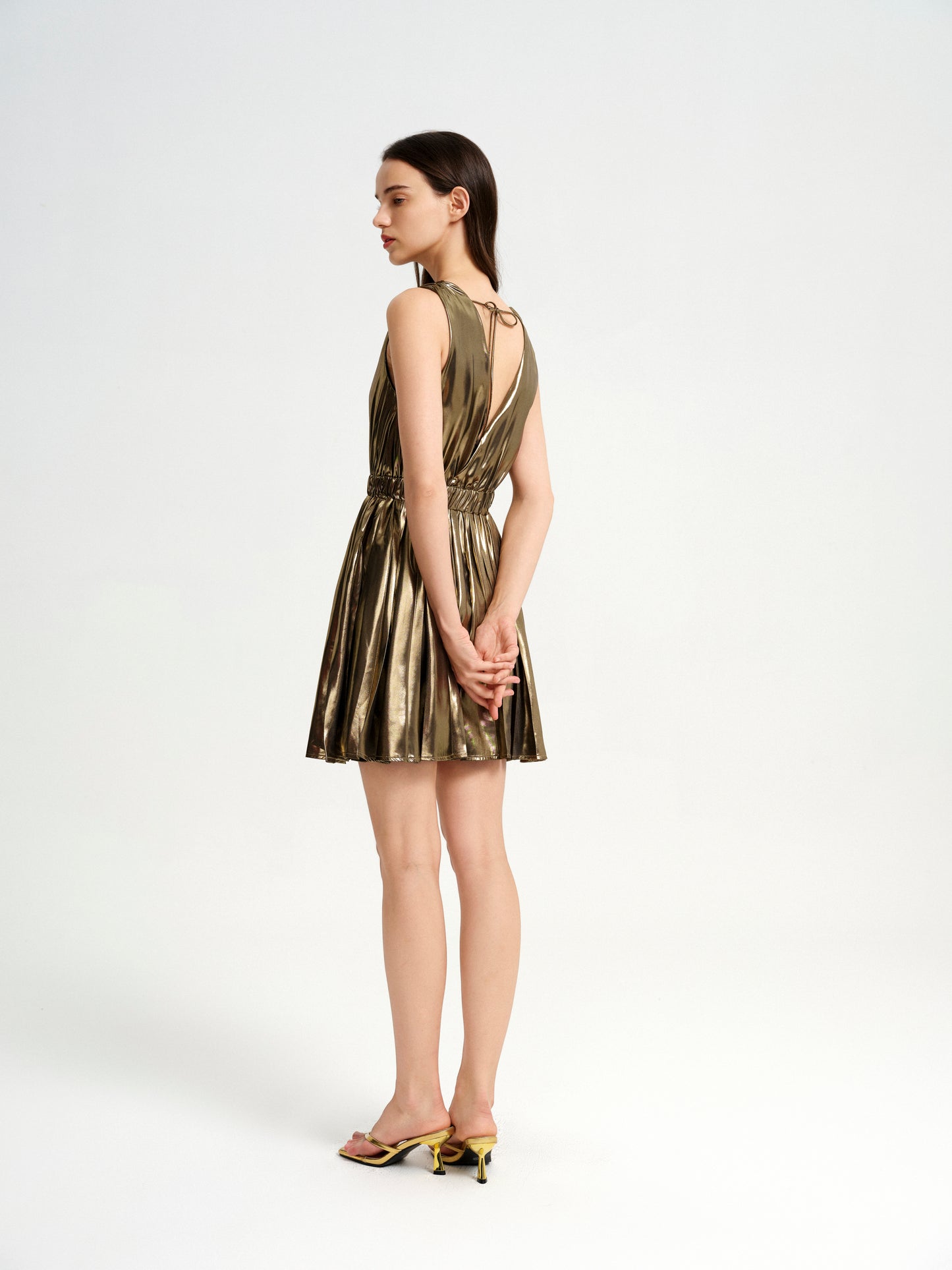 BlisSecret V-Neck Pleated Fit And Flared Mini Dress With Elastic Waistband