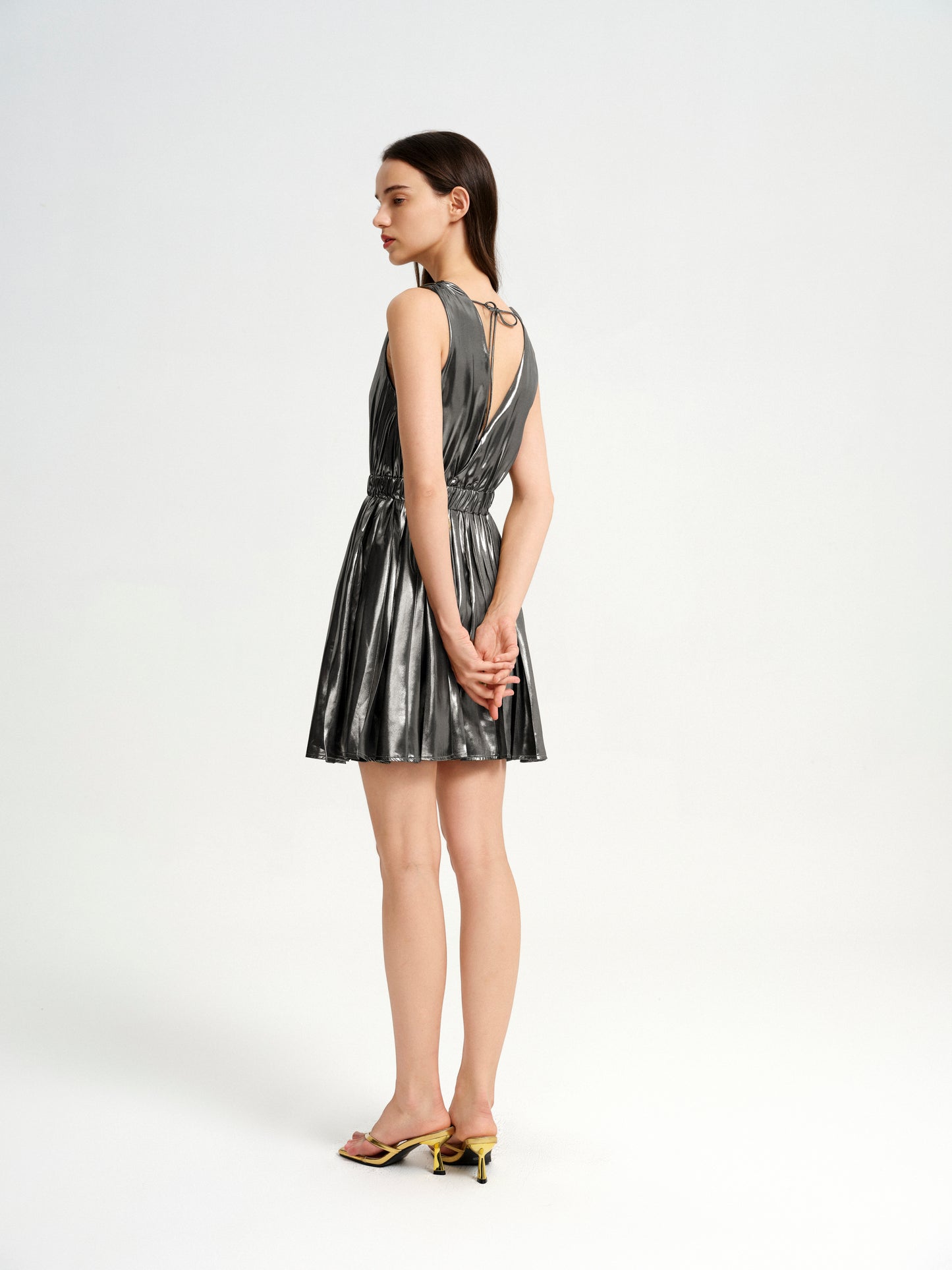 BlisSecret V-Neck Pleated Fit And Flared Mini Dress With Elastic Waistband
