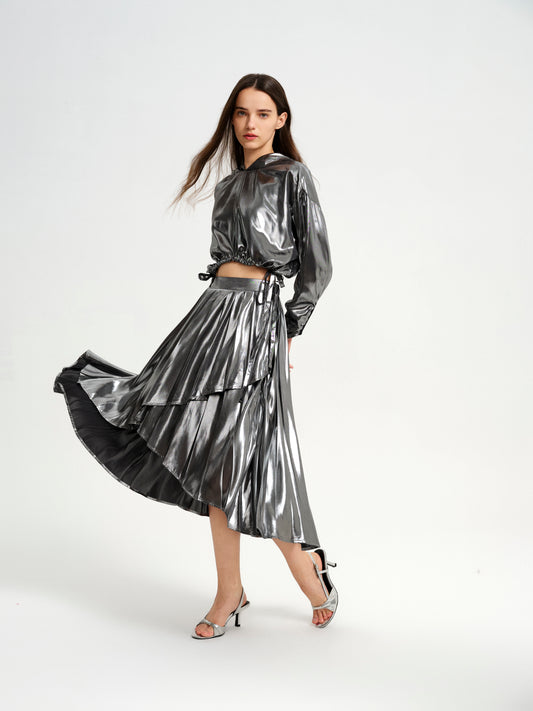 BlisSecret Silver High-Low Drawstring Hoodie & Asymmetrical Pleated Skirt