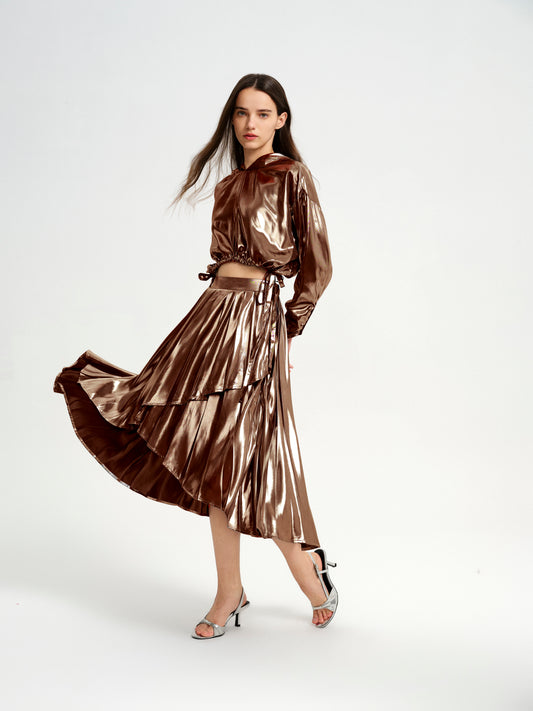 BlisSecret Copper High-Low Drawstring Hoodie & Asymmetrical Pleated Skirt