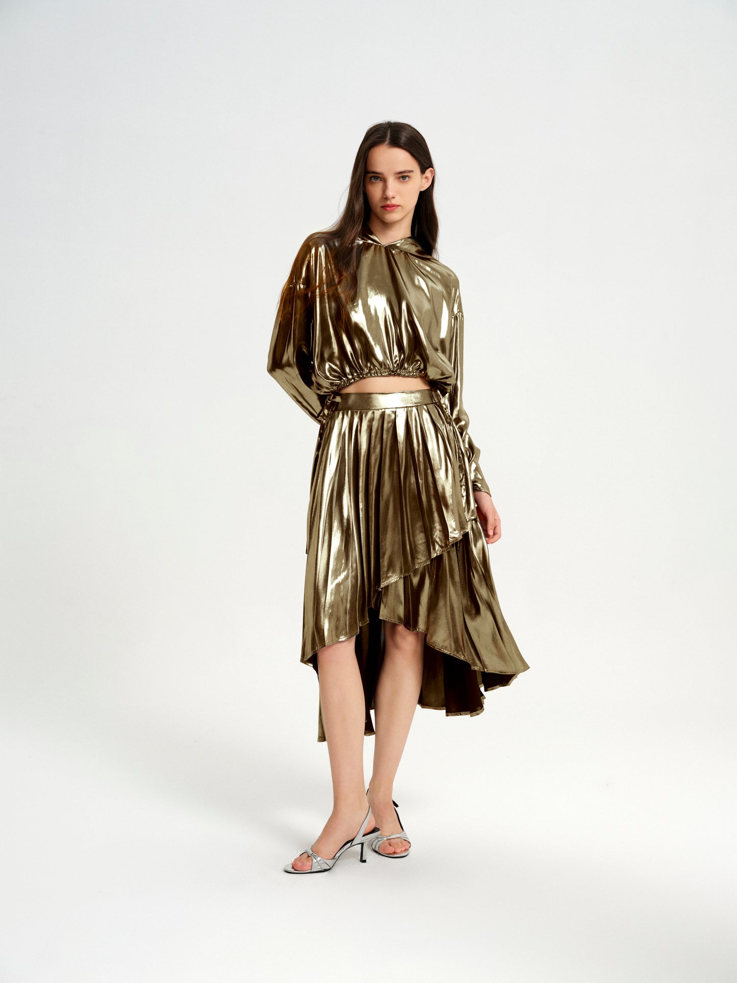 BlisSecret Gold High-Low Drawstring Hoodie & Asymmetrical Pleated Skirt