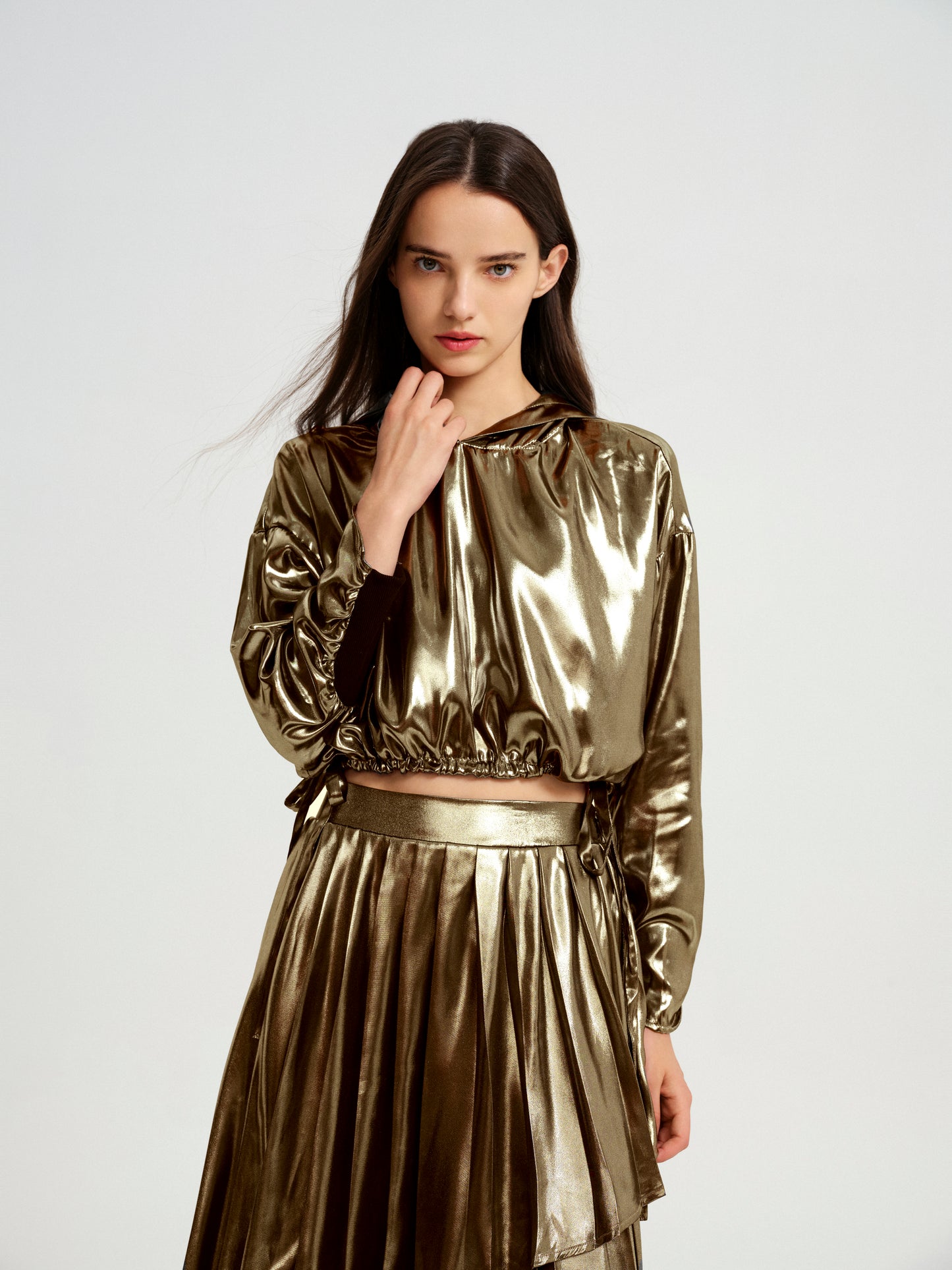 BlisSecret Gold High-Low Drawstring Hoodie & Asymmetrical Pleated Skirt