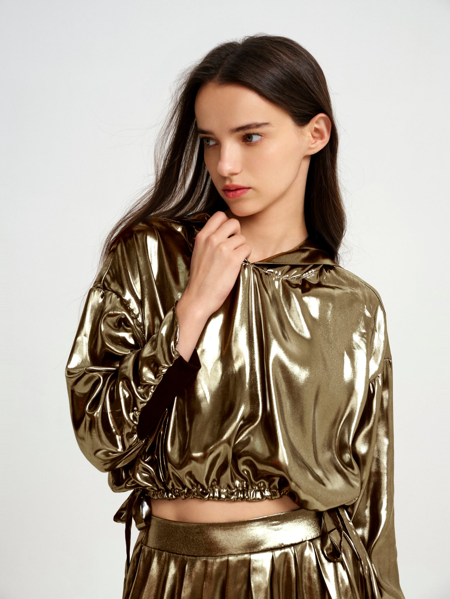 BlisSecret Gold High-Low Drawstring Hoodie & Asymmetrical Pleated Skirt