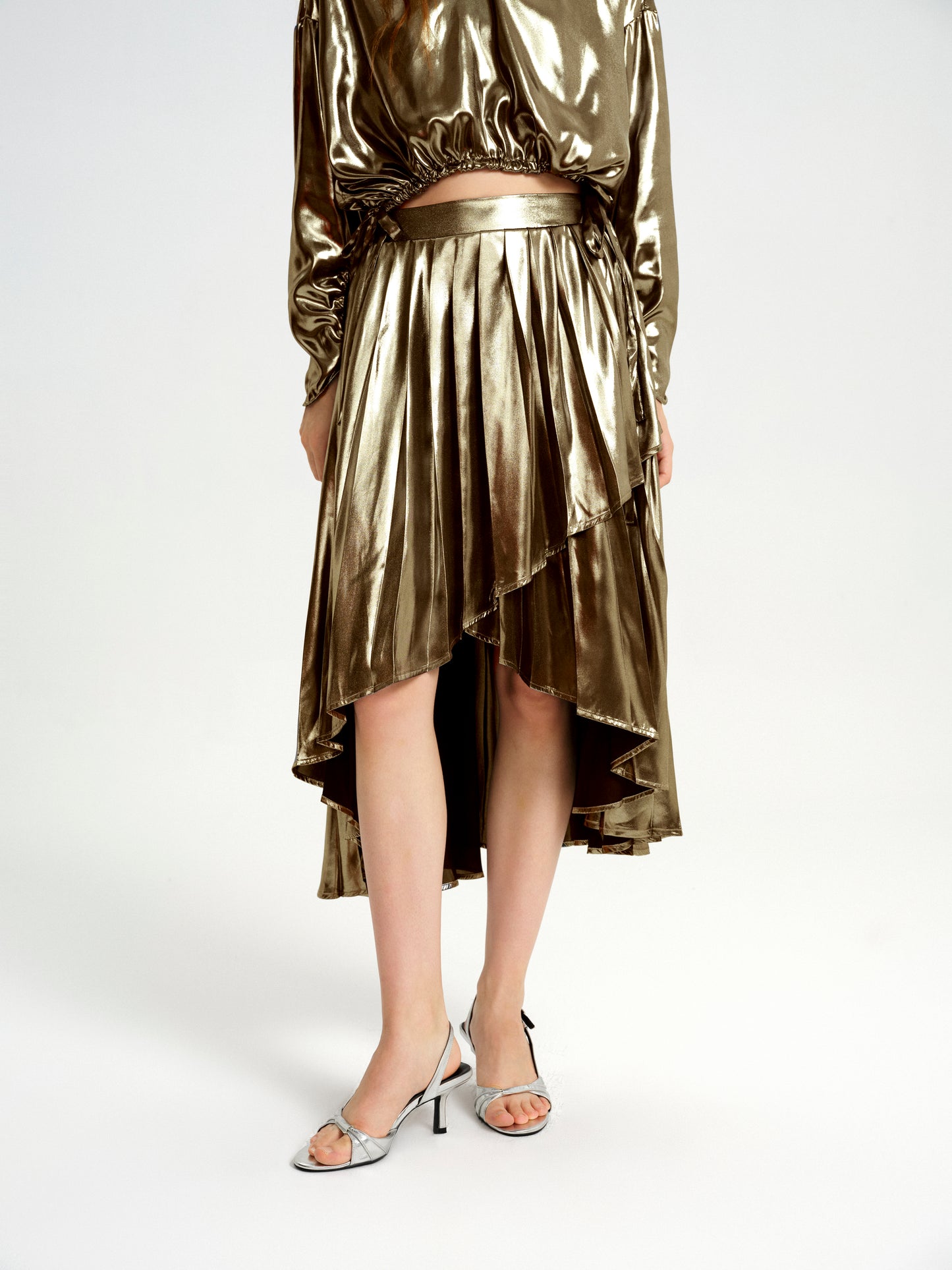 BlisSecret Gold High-Low Drawstring Hoodie & Asymmetrical Pleated Skirt