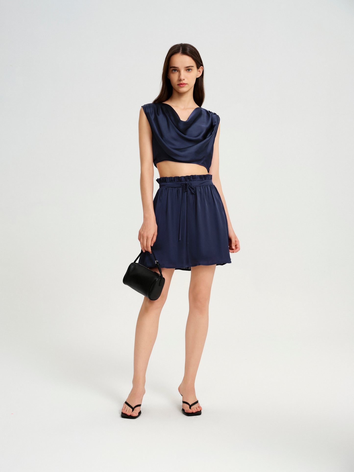BlisSecret Navy Cowl Neck Cropped Top With Pleated Padded Shoulder & Shorts