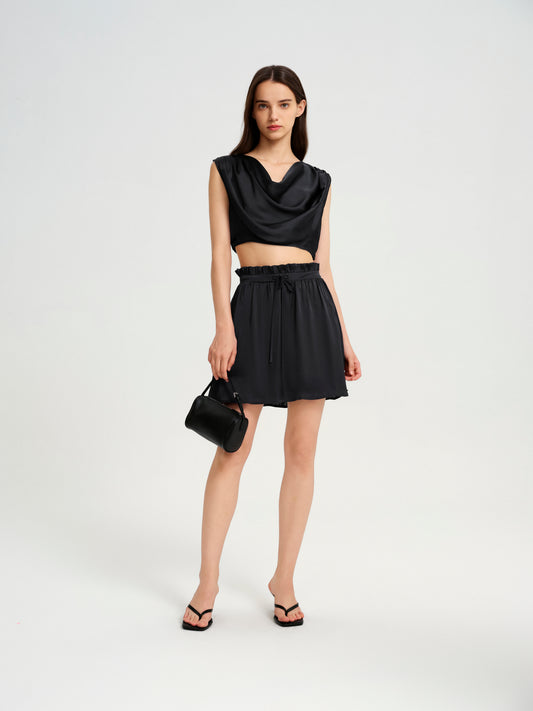 BlisSecret Black Cowl Neck Cropped Top With Pleated Padded Shoulder & Shorts