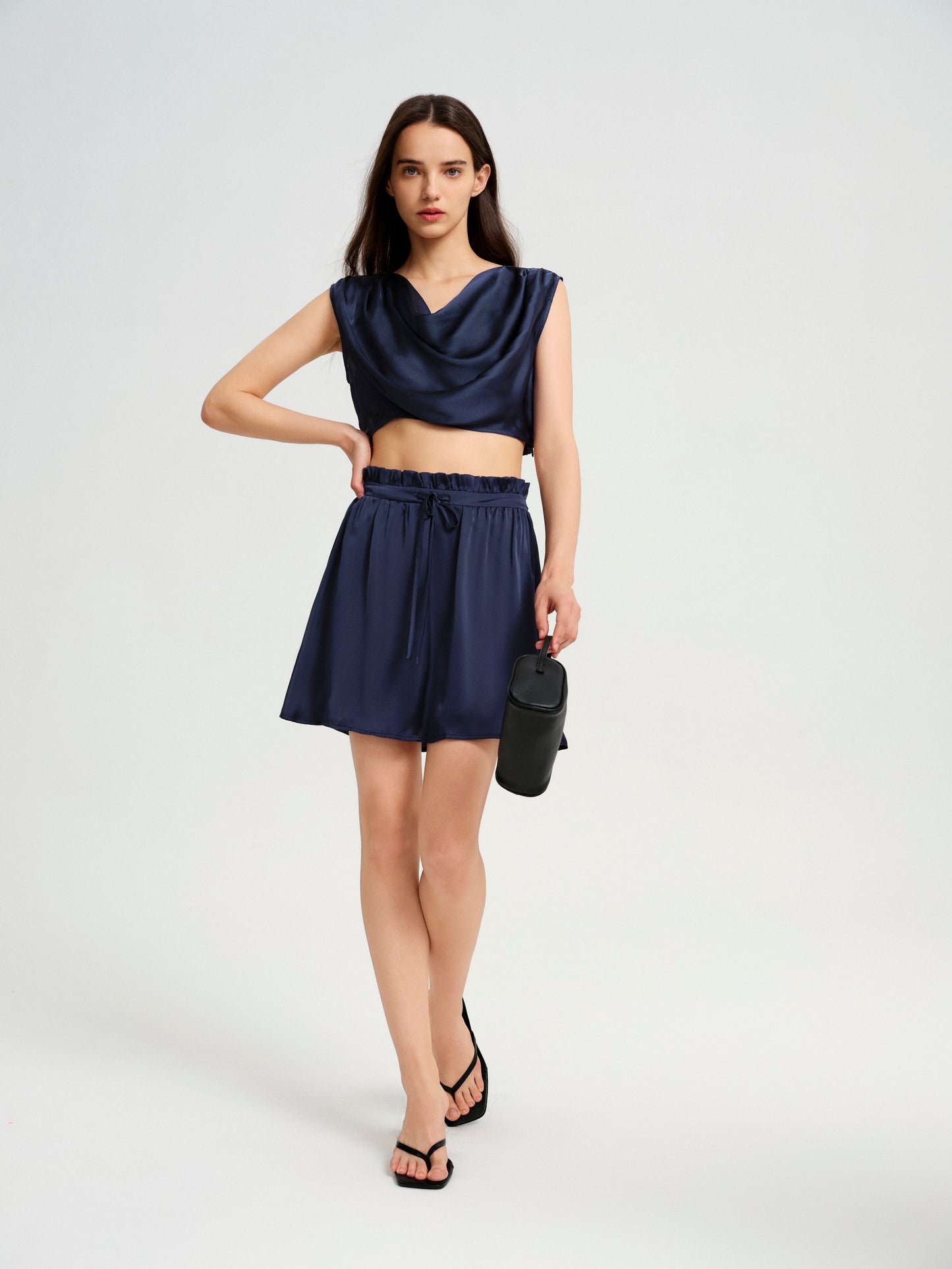 BlisSecret Navy Cowl Neck Cropped Top With Pleated Padded Shoulder & Shorts