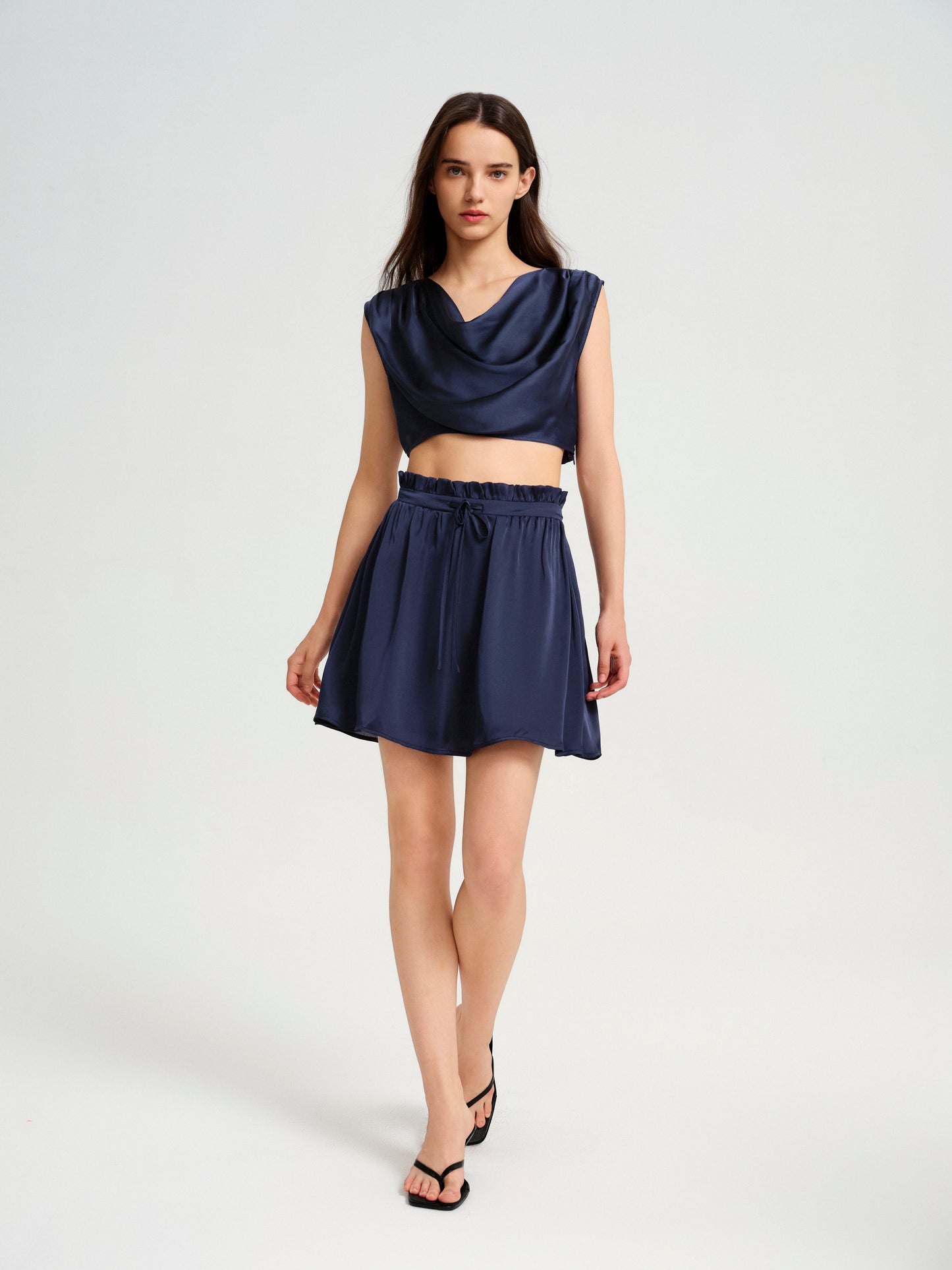 BlisSecret Navy Cowl Neck Cropped Top With Pleated Padded Shoulder & Shorts