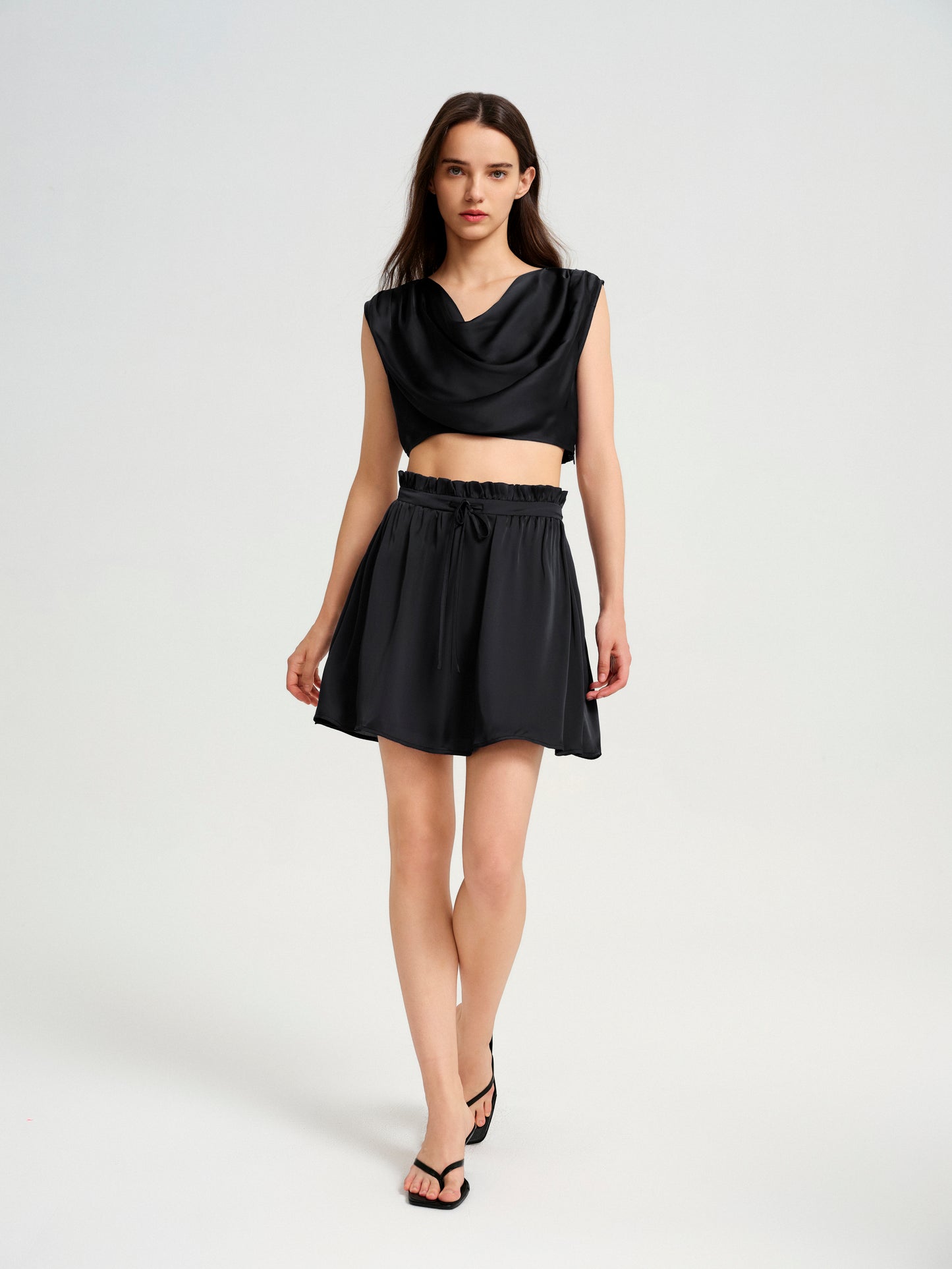 BlisSecret Black Cowl Neck Cropped Top With Pleated Padded Shoulder & Shorts