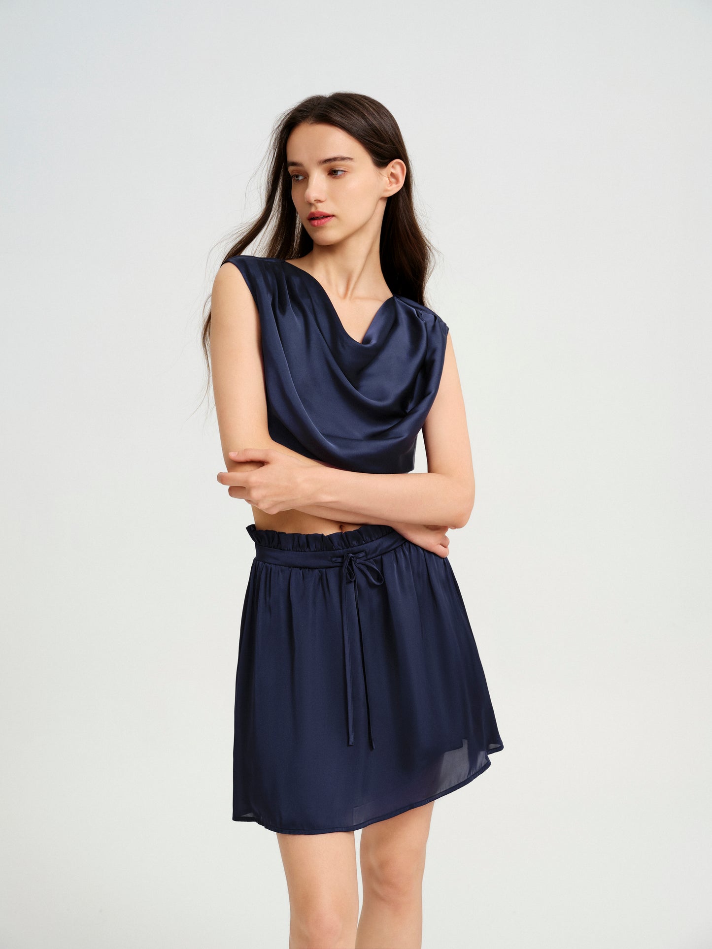 BlisSecret Navy Cowl Neck Cropped Top With Pleated Padded Shoulder & Shorts