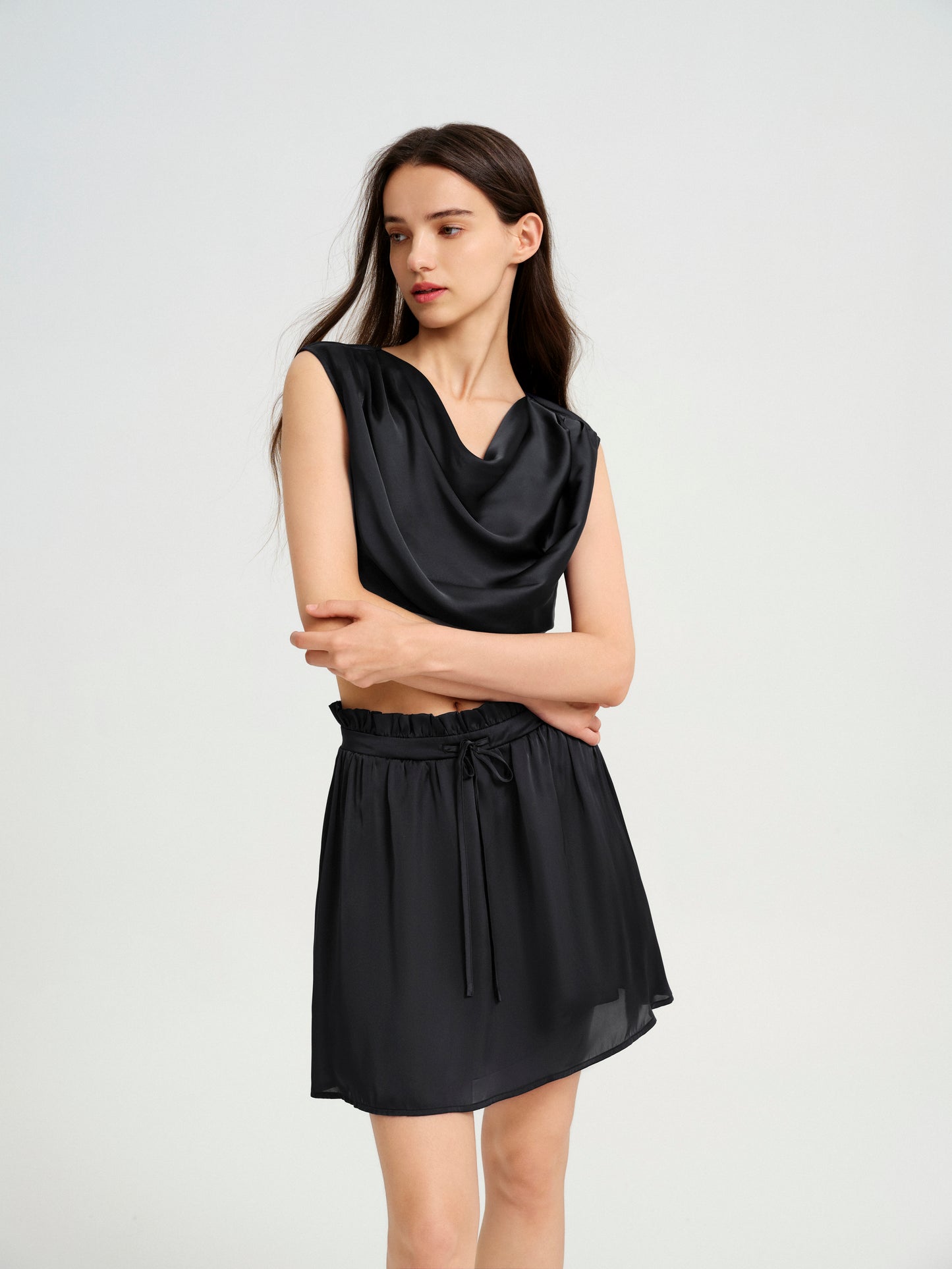 BlisSecret Black Cowl Neck Cropped Top With Pleated Padded Shoulder & Shorts