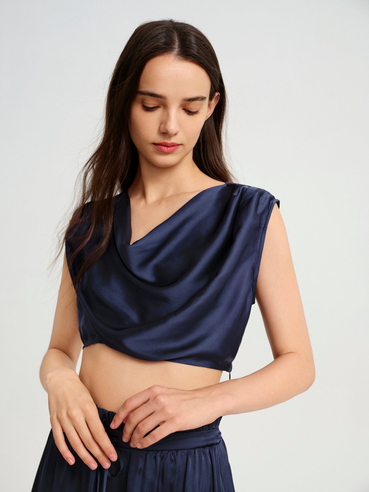 BlisSecret Navy Cowl Neck Cropped Top With Pleated Padded Shoulder & Shorts