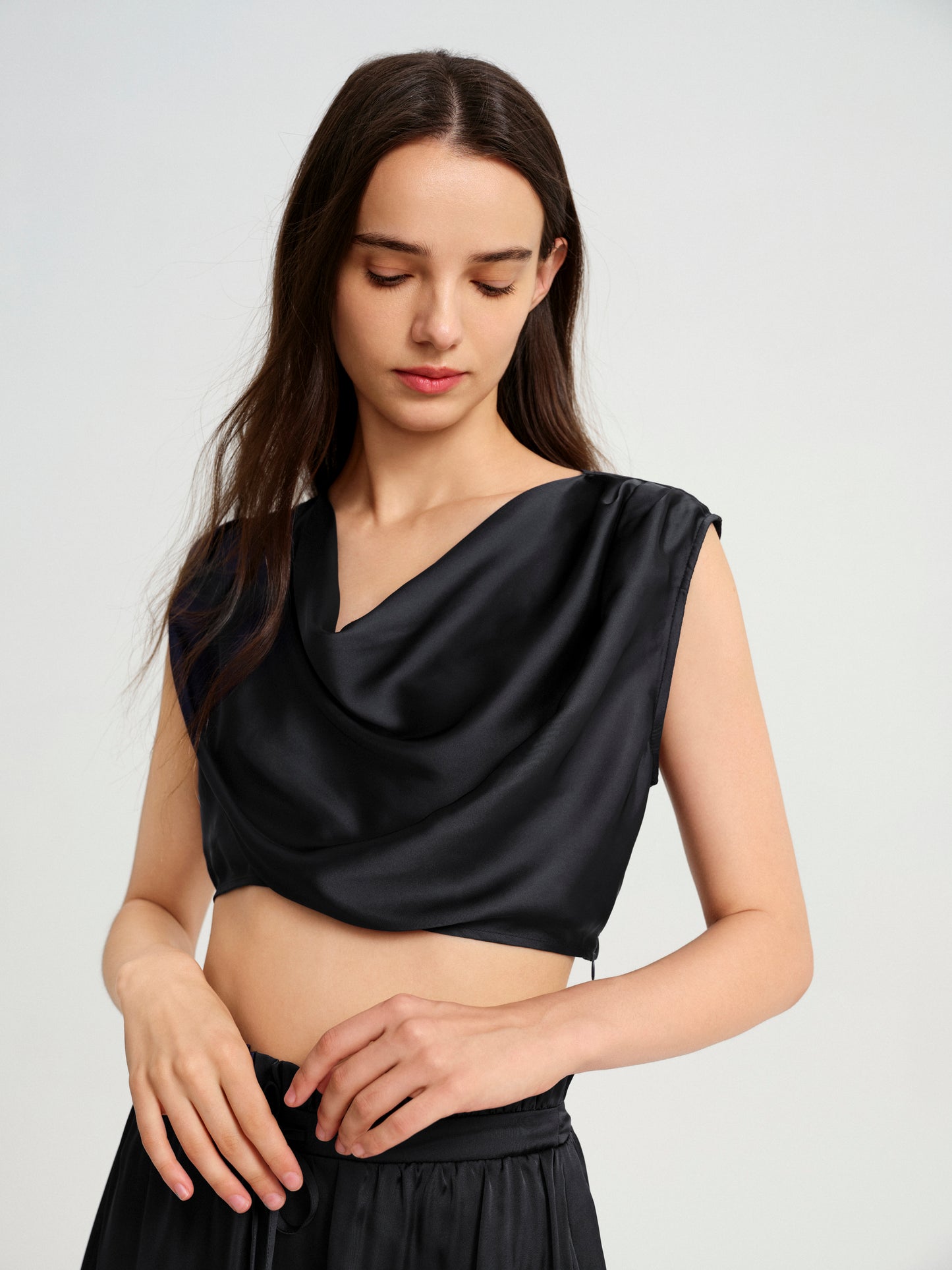 BlisSecret Black Cowl Neck Cropped Top With Pleated Padded Shoulder & Shorts