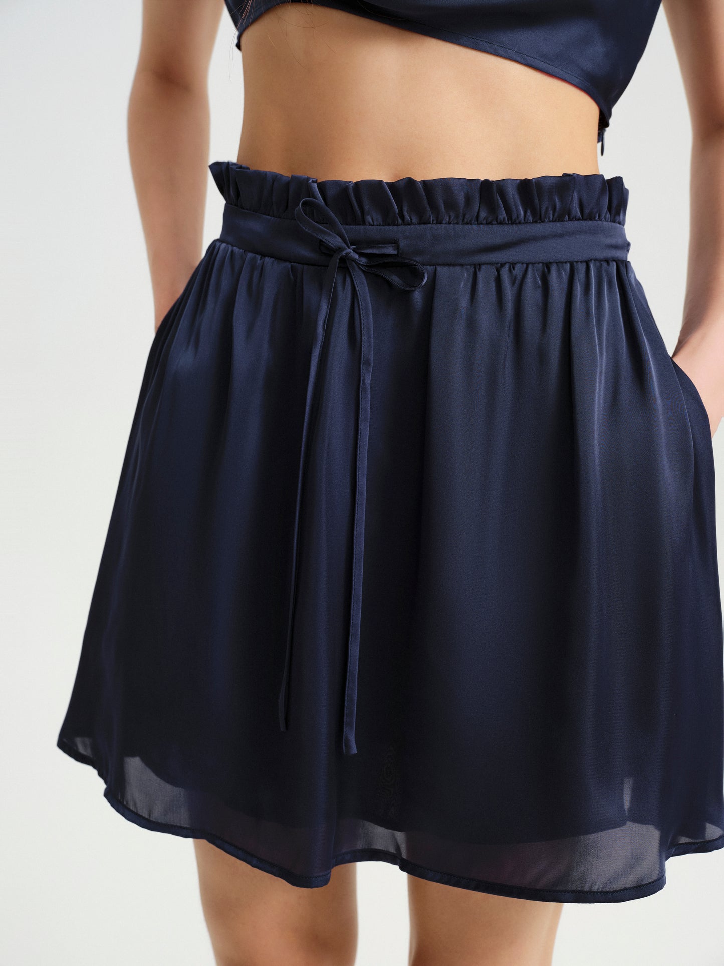 BlisSecret Navy Cowl Neck Cropped Top With Pleated Padded Shoulder & Shorts