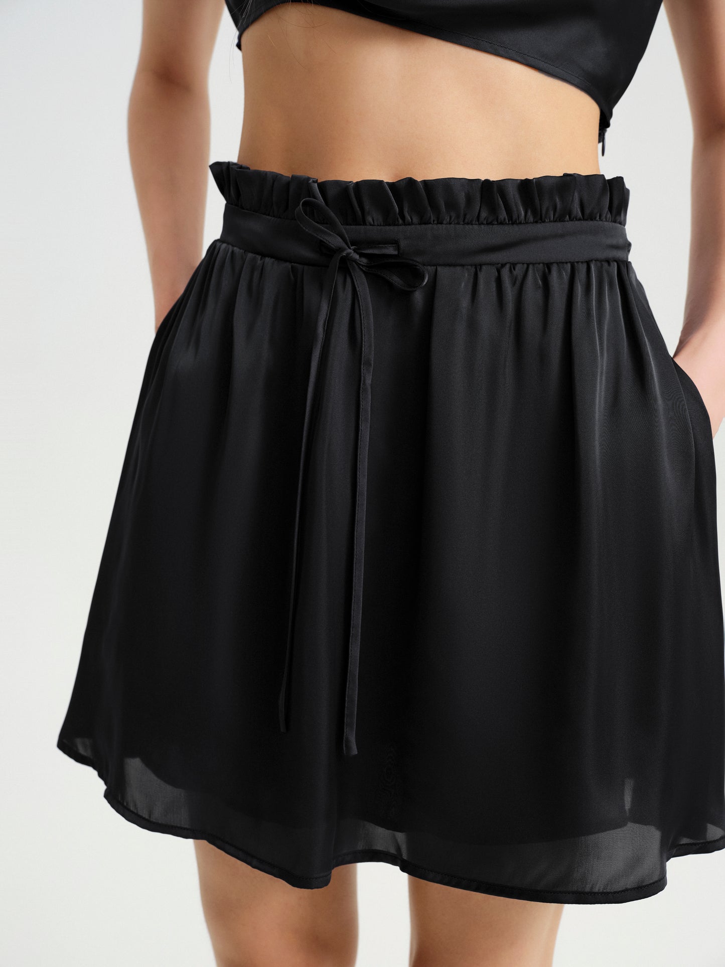 BlisSecret Black Cowl Neck Cropped Top With Pleated Padded Shoulder & Shorts
