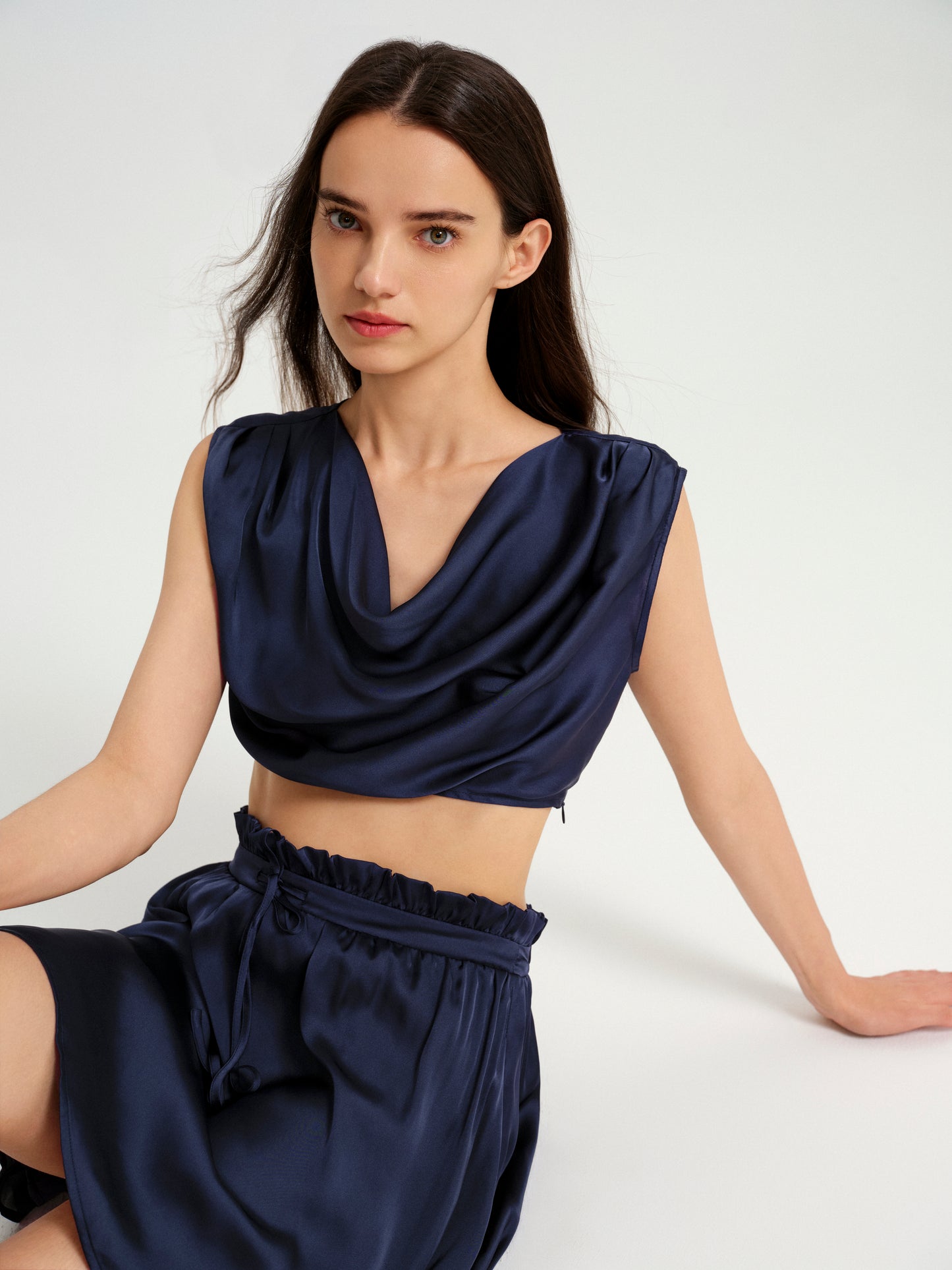 BlisSecret Navy Cowl Neck Cropped Top With Pleated Padded Shoulder & Shorts