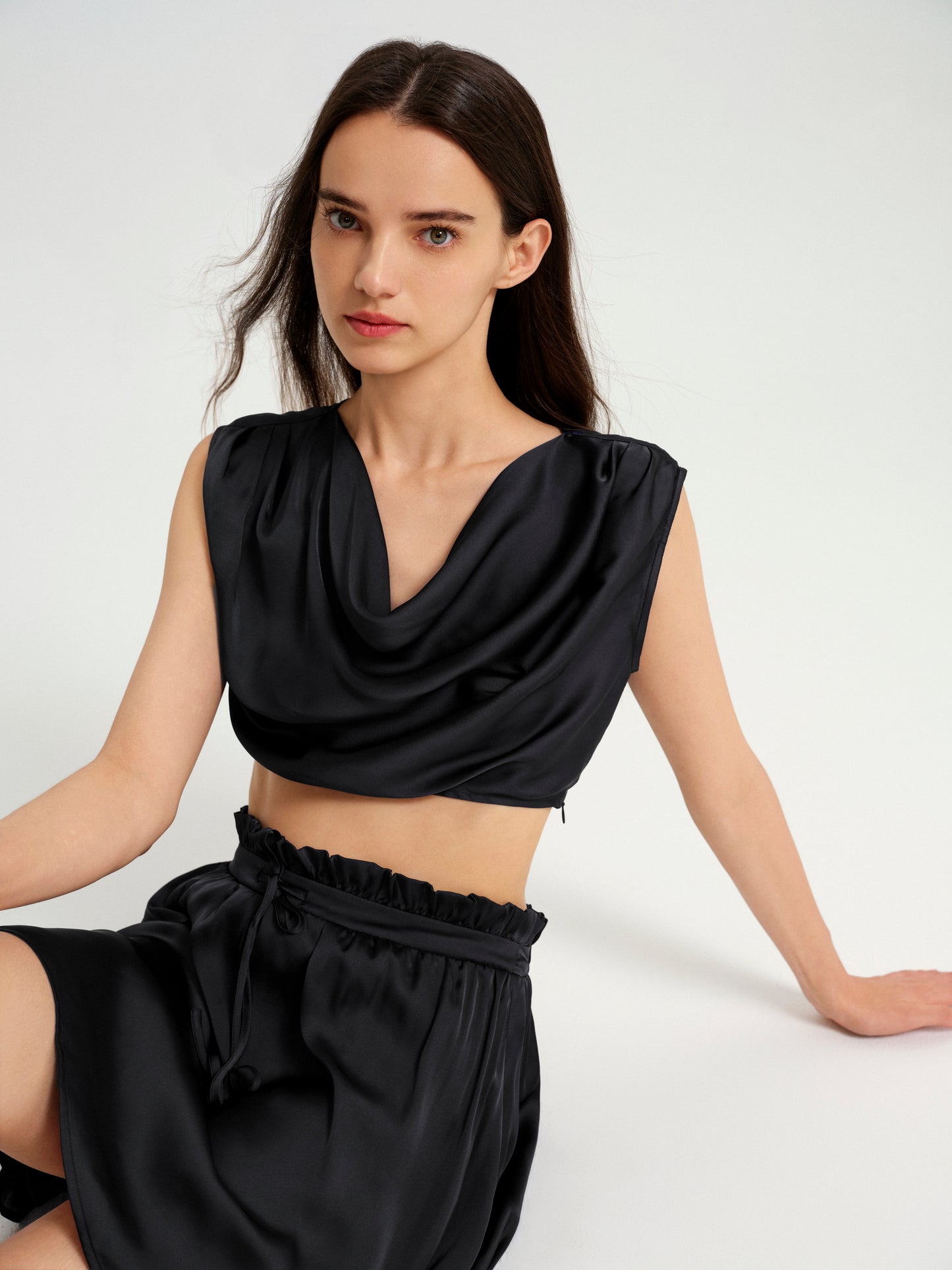 BlisSecret Black Cowl Neck Cropped Top With Pleated Padded Shoulder & Shorts