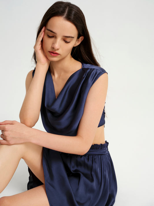 BlisSecret Navy Cowl Neck Cropped Top With Pleated Padded Shoulder & Shorts