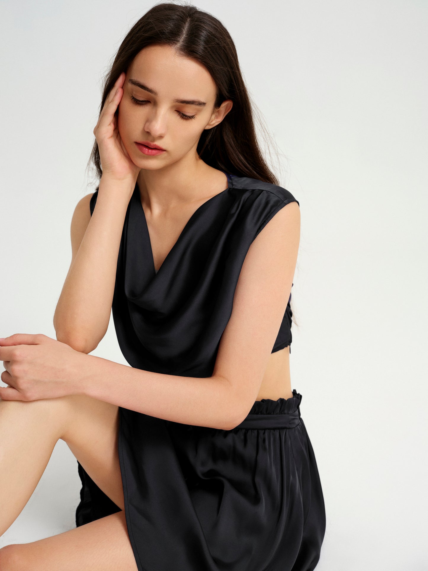 BlisSecret Black Cowl Neck Cropped Top With Pleated Padded Shoulder & Shorts