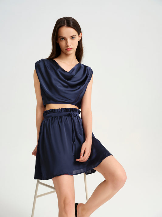 BlisSecret Navy Cowl Neck Cropped Top With Pleated Padded Shoulder & Shorts