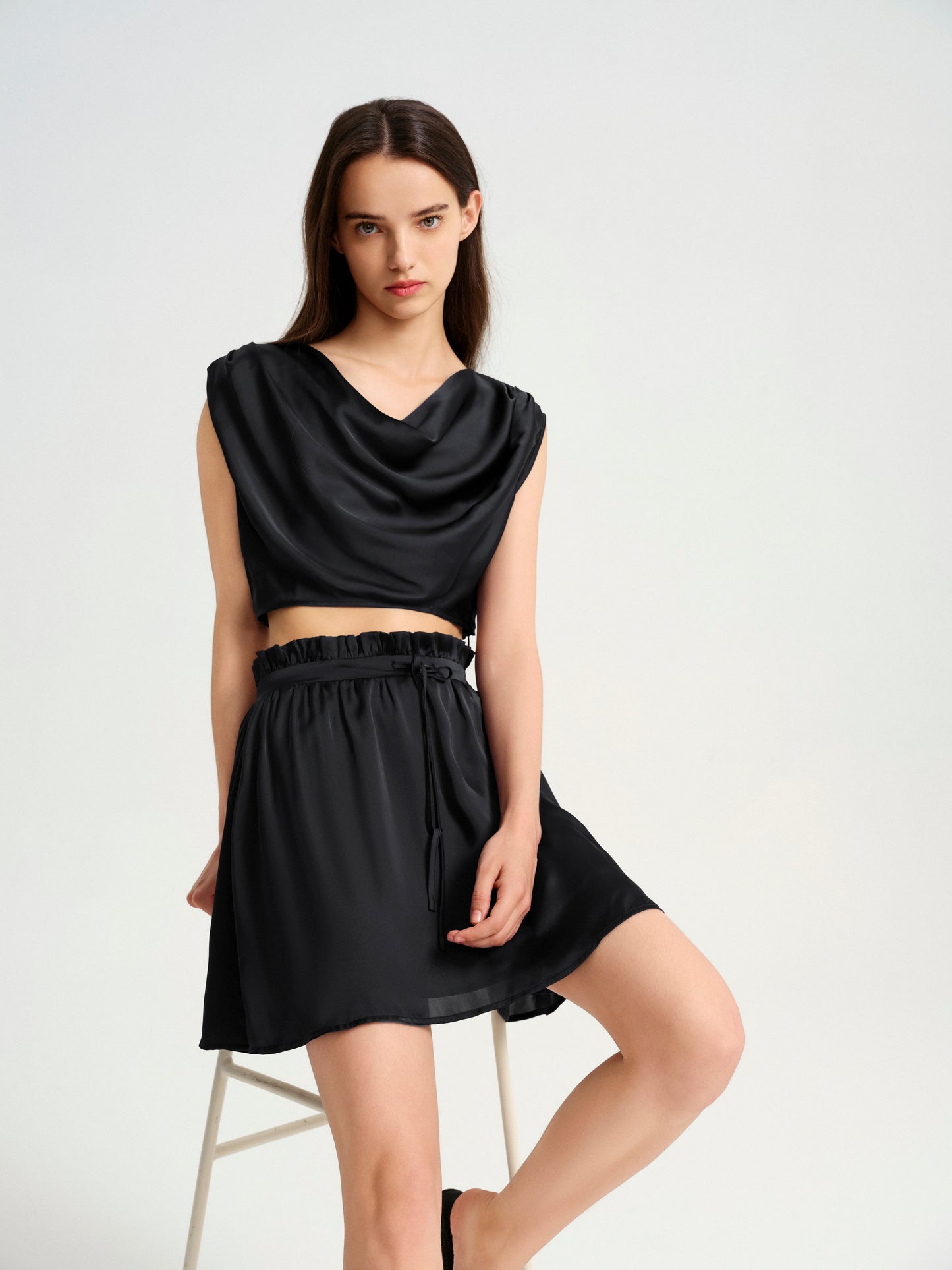 BlisSecret Black Cowl Neck Cropped Top With Pleated Padded Shoulder & Shorts