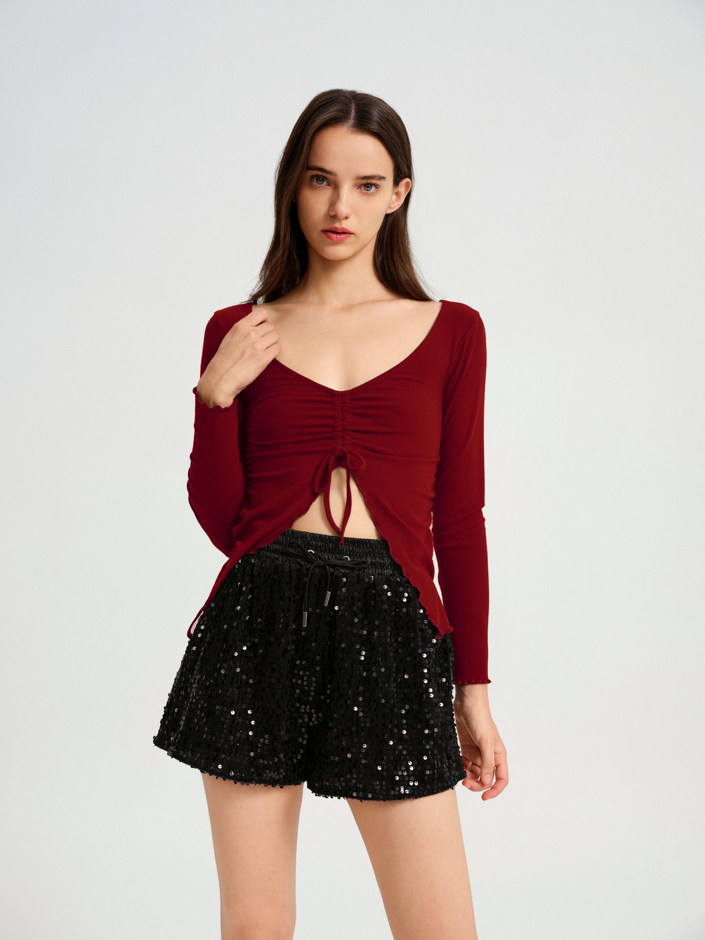 BlisSecret V-Neck Knit Top With Center Front Rouching