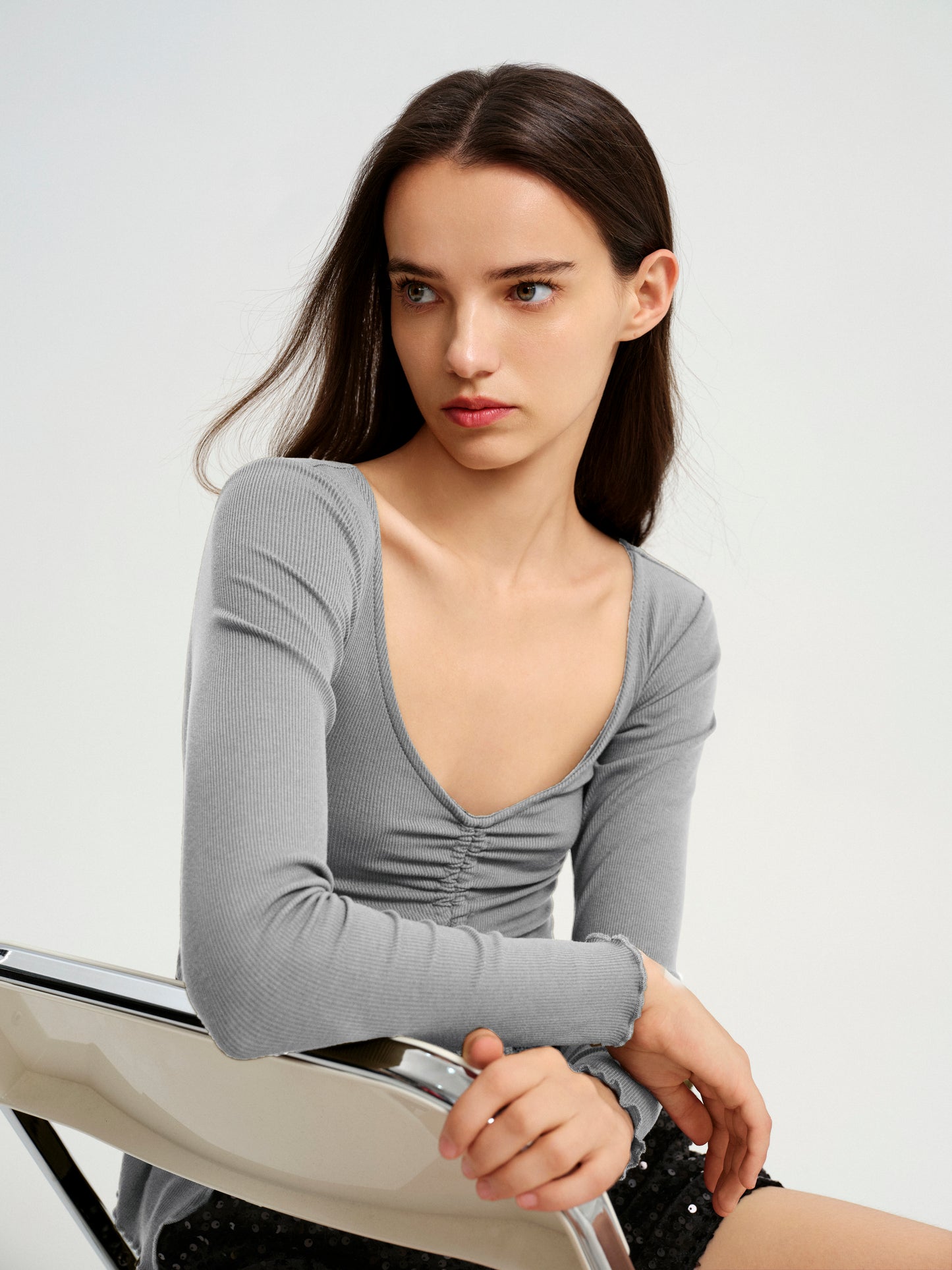 BlisSecret V-Neck Knit Top With Center Front Rouching