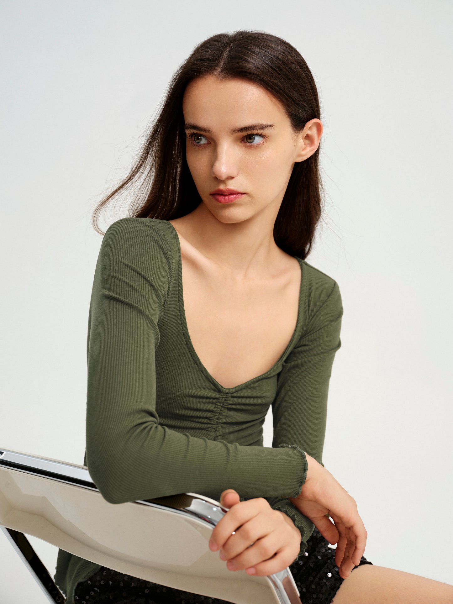 BlisSecret V-Neck Knit Top With Center Front Rouching