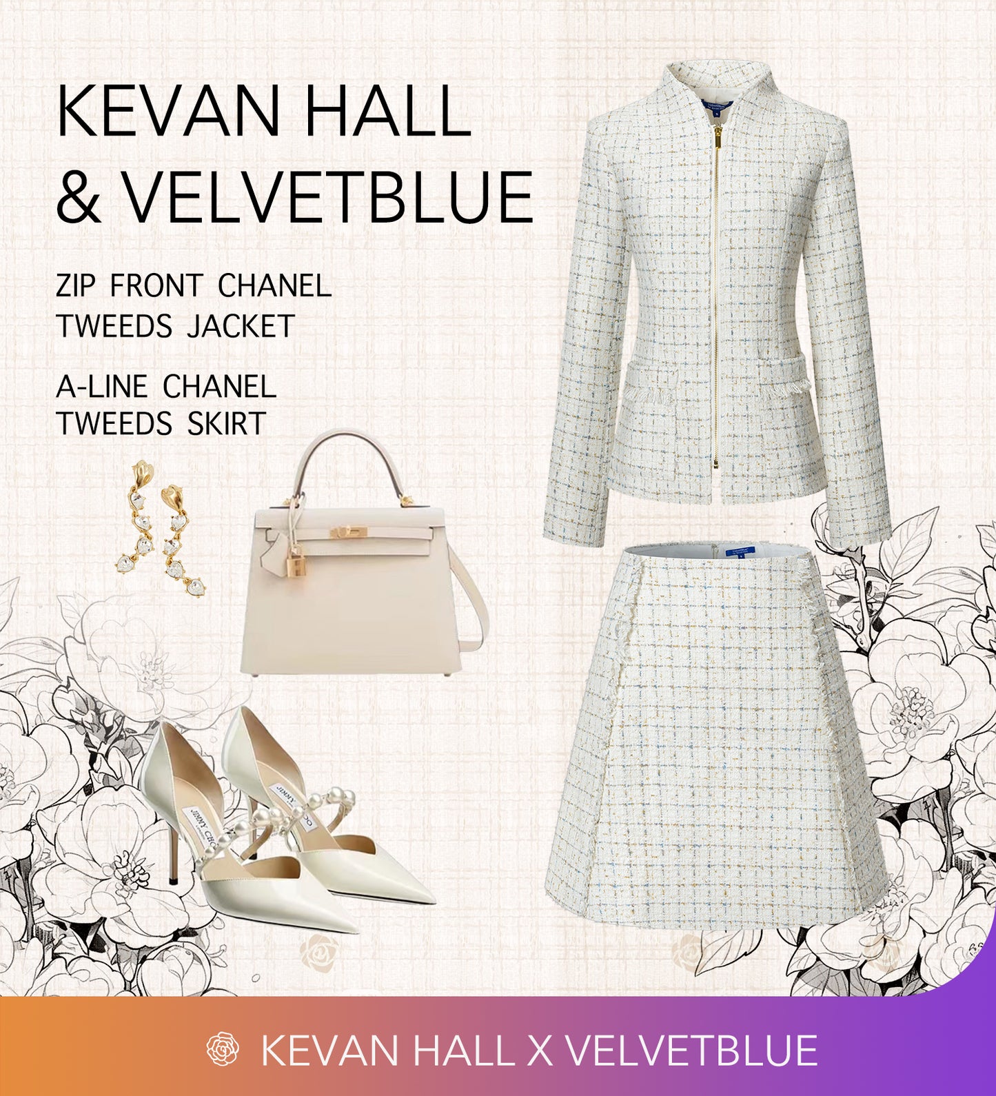 Kevan Hall X VelvetBlue - Winter White Metallic Tweed Zip Front Jacket & A-Line Skirt