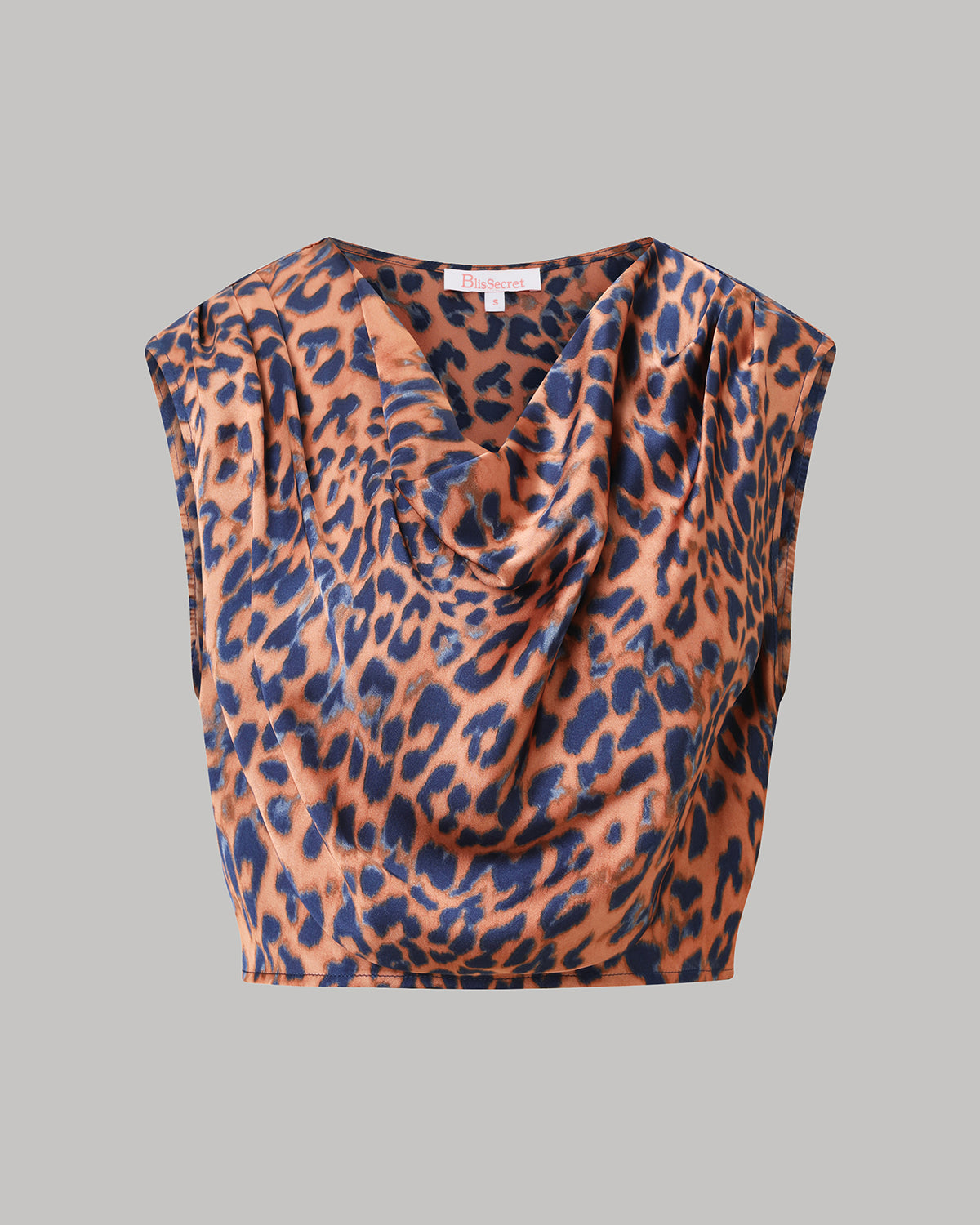 BlisSecret Leopard Print Cowl Neck Cropped Top With Pleated Padded Shoulder & Shorts