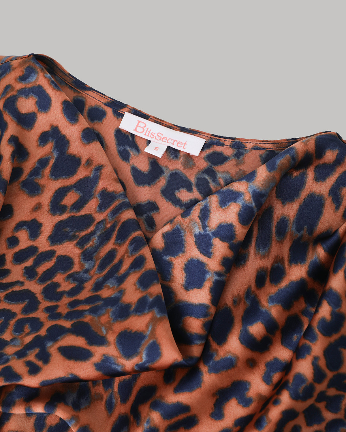 BlisSecret Leopard Print Cowl Neck Cropped Top With Pleated Padded Shoulder & Shorts