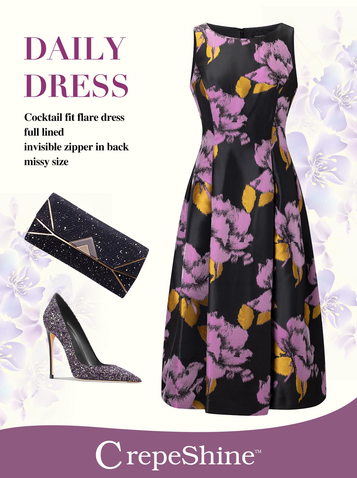 CrepeShine Black Viola Floral Dress
