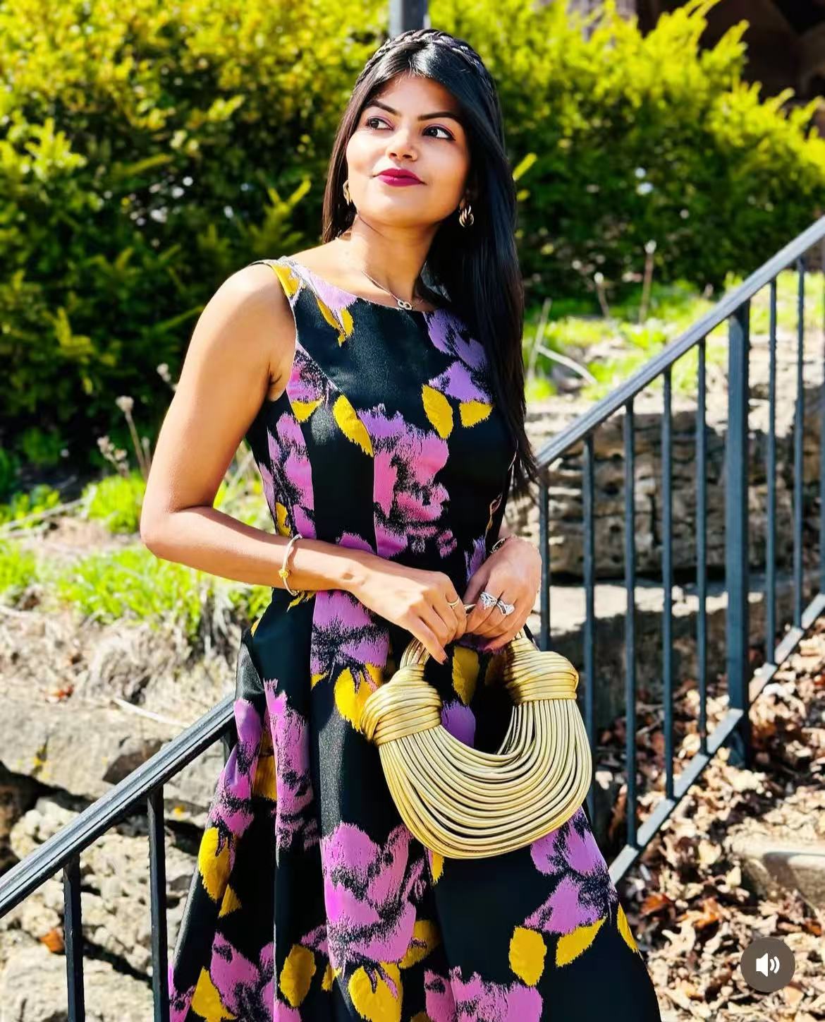 CrepeShine Black Viola Floral Dress
