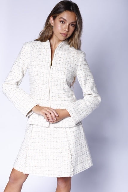 Kevan Hall X VelvetBlue - Winter White Metallic Tweed Zip Front Jacket & A-Line Skirt